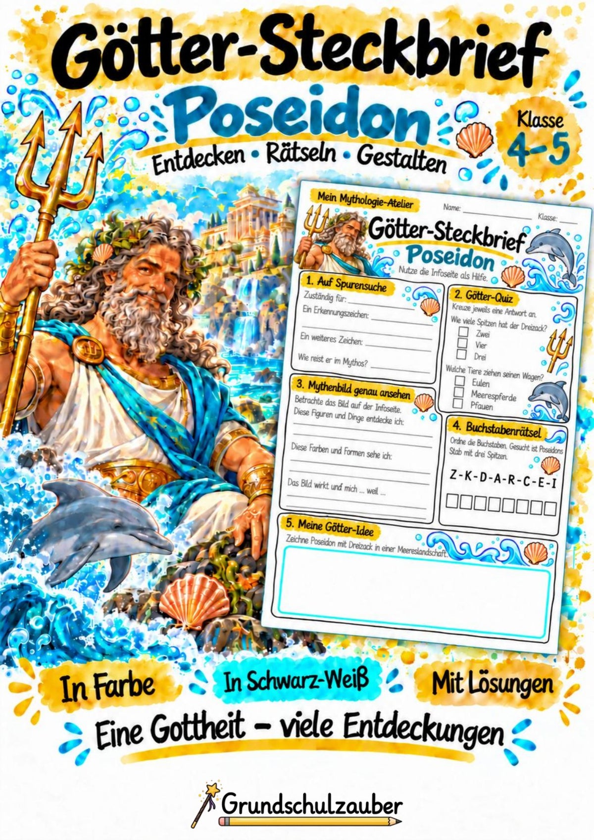 Poseidon – Griechische Götter: Steckbrief & Infotext | Arbeitsblätter mit Lösungen | Klasse 4–5 – Cover