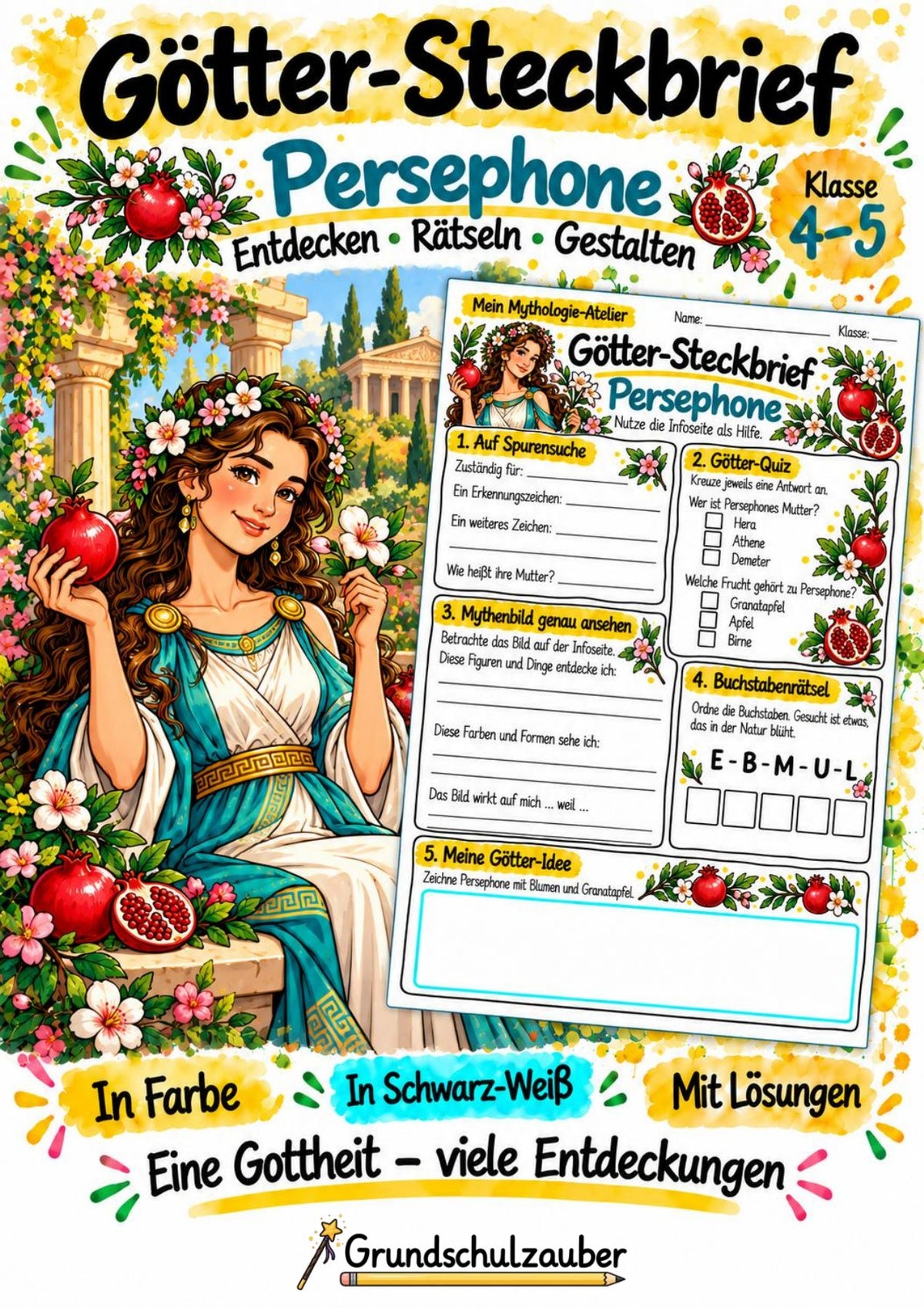 Persephone – Griechische Götter: Steckbrief & Infotext | Arbeitsblätter mit Lösungen | Klasse 4–5 – Cover