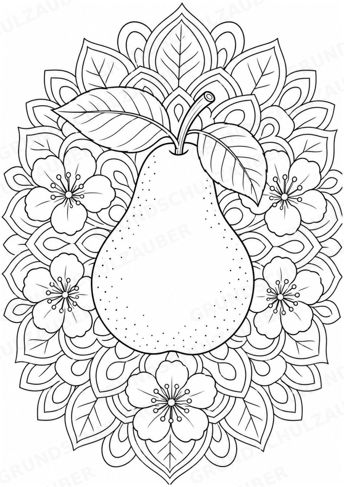 Birne Mandalas Ausmalbilder – Obst – 15 Malvorlagen – Materialseite 2