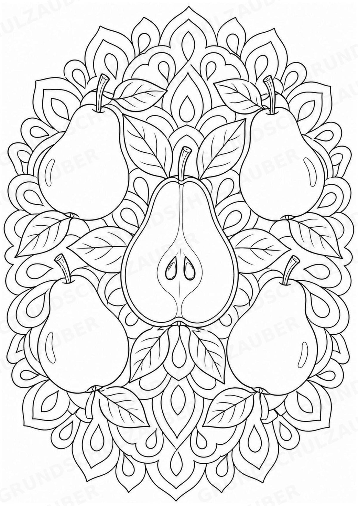 Birne Mandalas Ausmalbilder – Obst – 15 Malvorlagen – Materialseite 4
