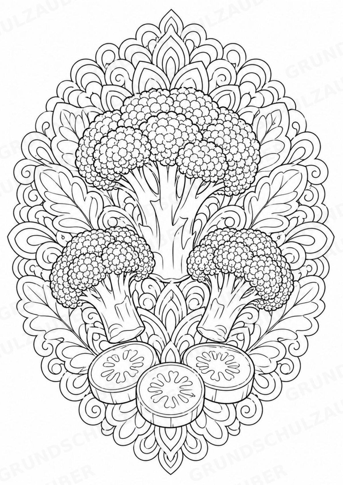 Brokkoli Mandalas Ausmalbilder – Gemüse – 15 Malvorlagen – Materialseite 15