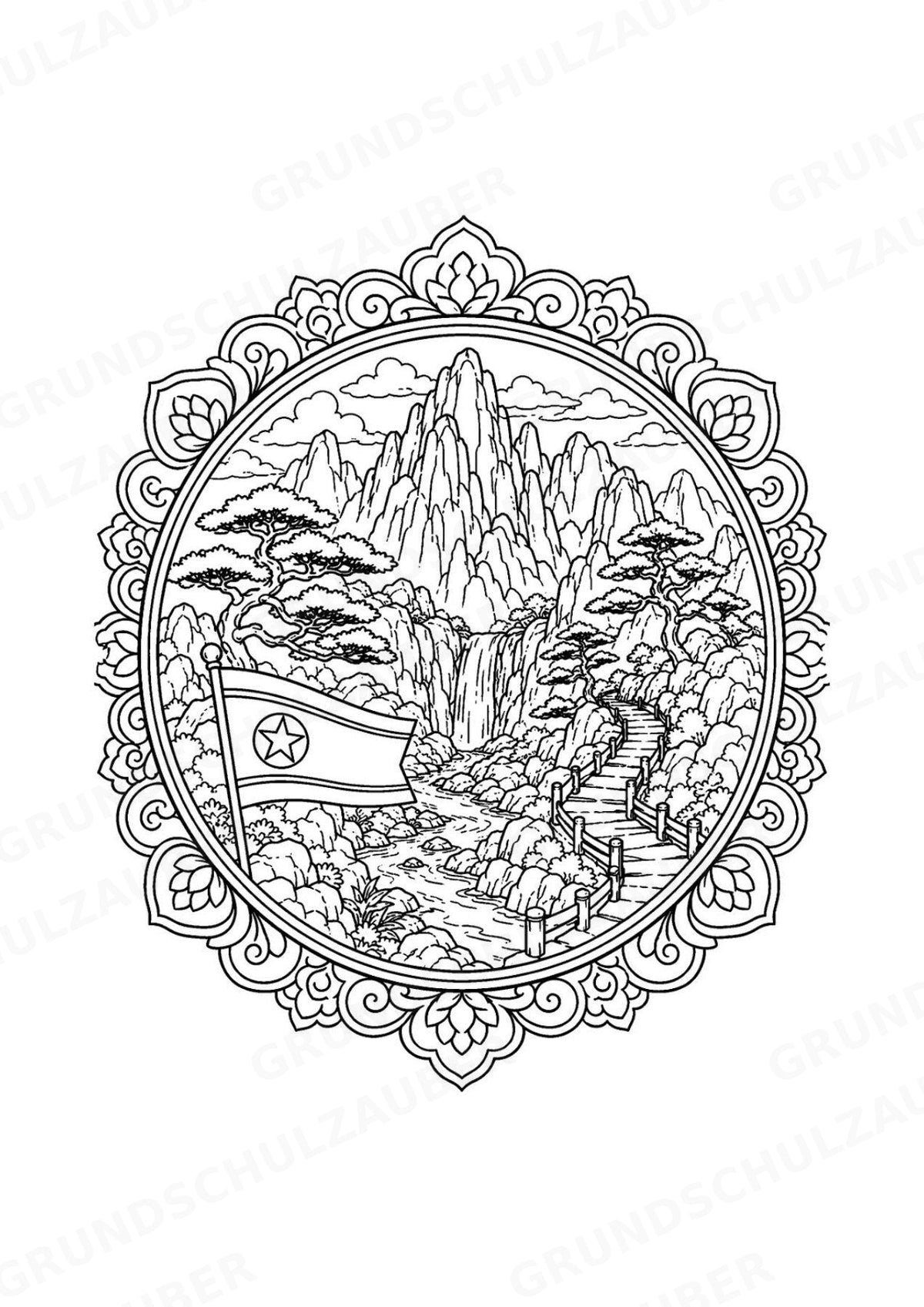 Nordkorea Mandalas Ausmalbilder – Länder und Kulturen – 15 Malvorlagen – Materialseite 15
