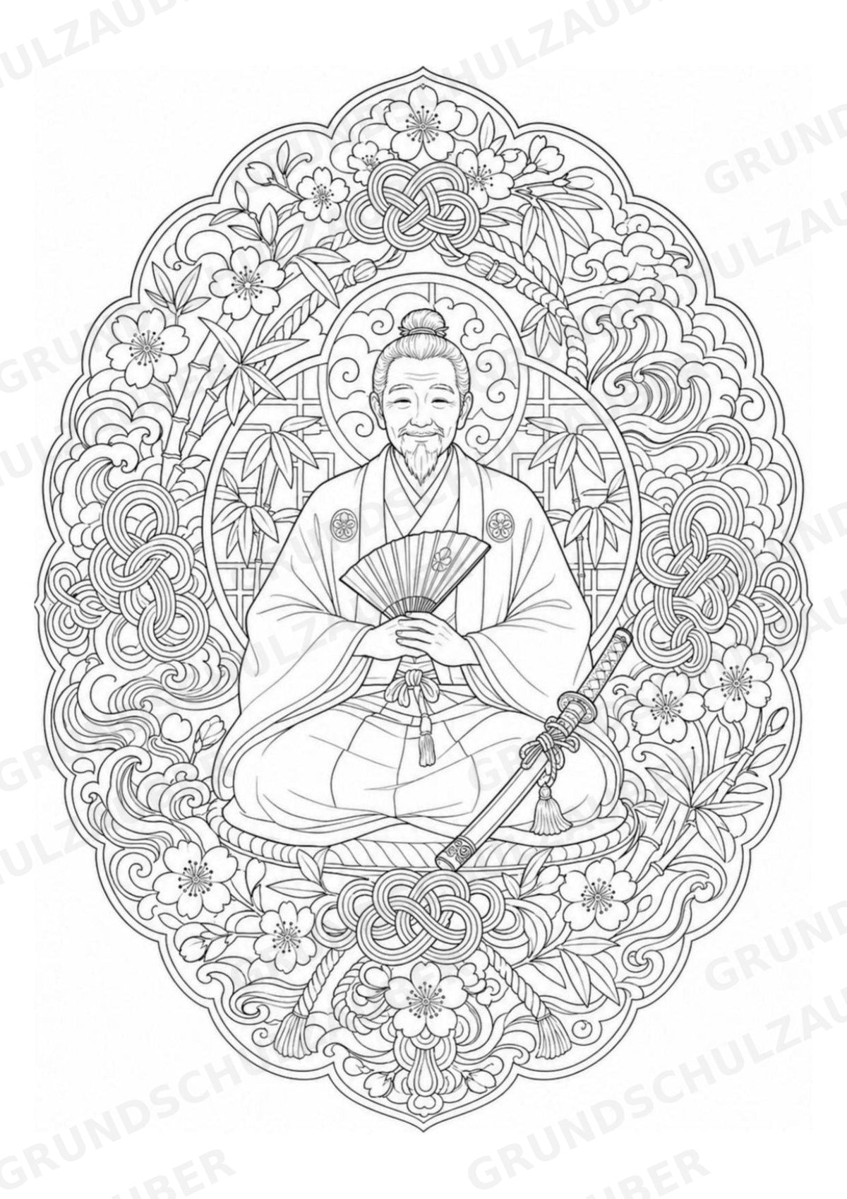 Samurai Mandalas Ausmalbilder – Geschichte – 15 Malvorlagen – Materialseite 16