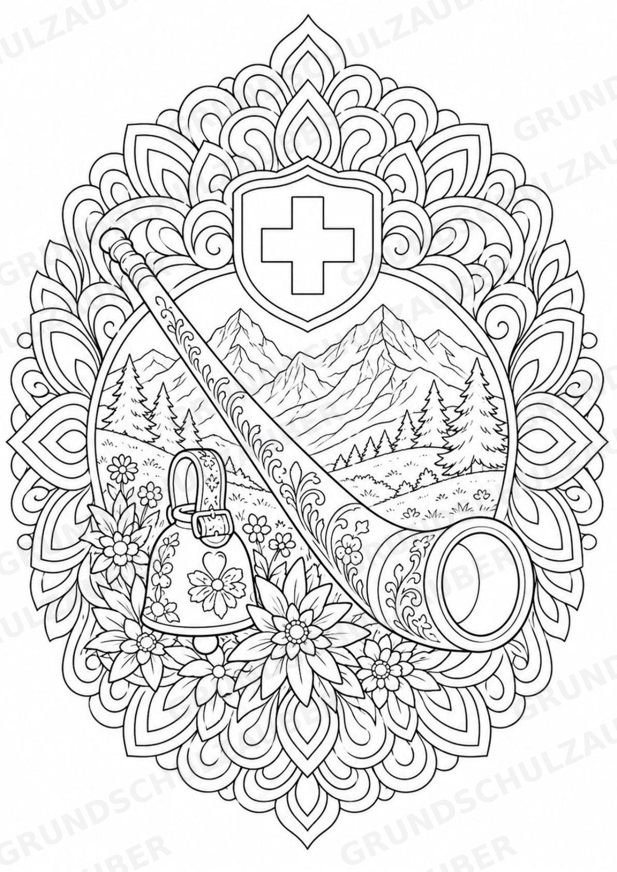Schweiz Mandalas Ausmalbilder – Länder und Kulturen – 15 Malvorlagen – Materialseite 13