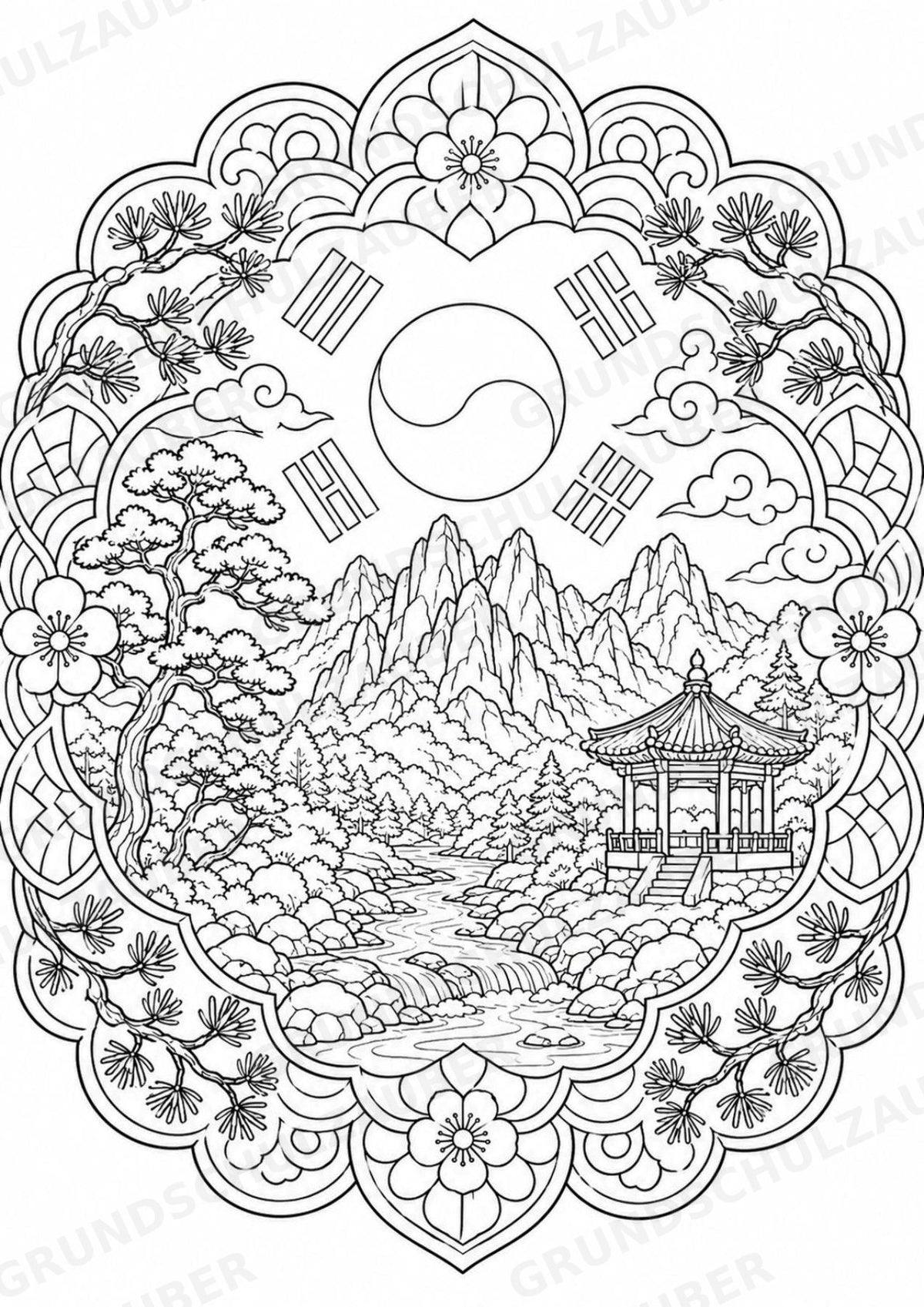 Südkorea Mandalas Ausmalbilder – Länder und Kulturen – 15 Malvorlagen – Materialseite 5