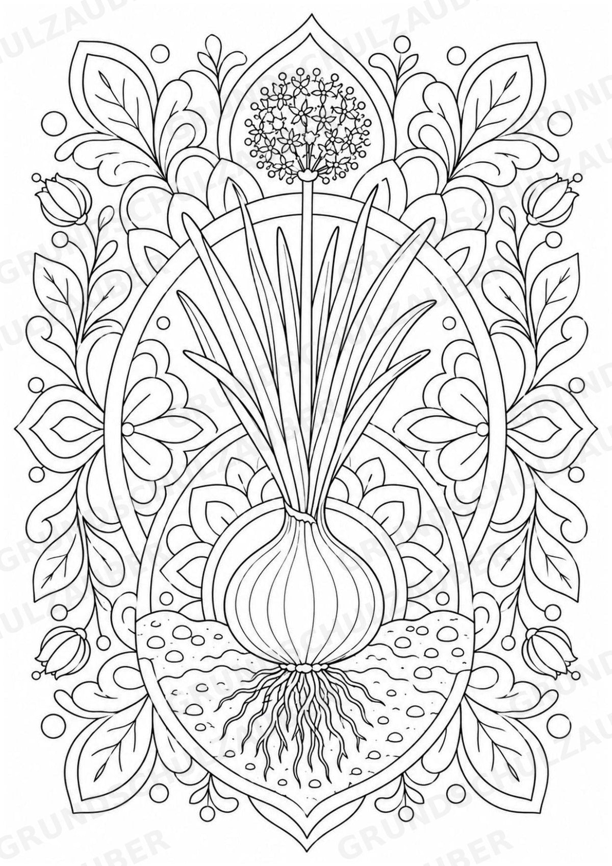 Zwiebel Mandalas Ausmalbilder – Gemüse – 15 Malvorlagen – Materialseite 4