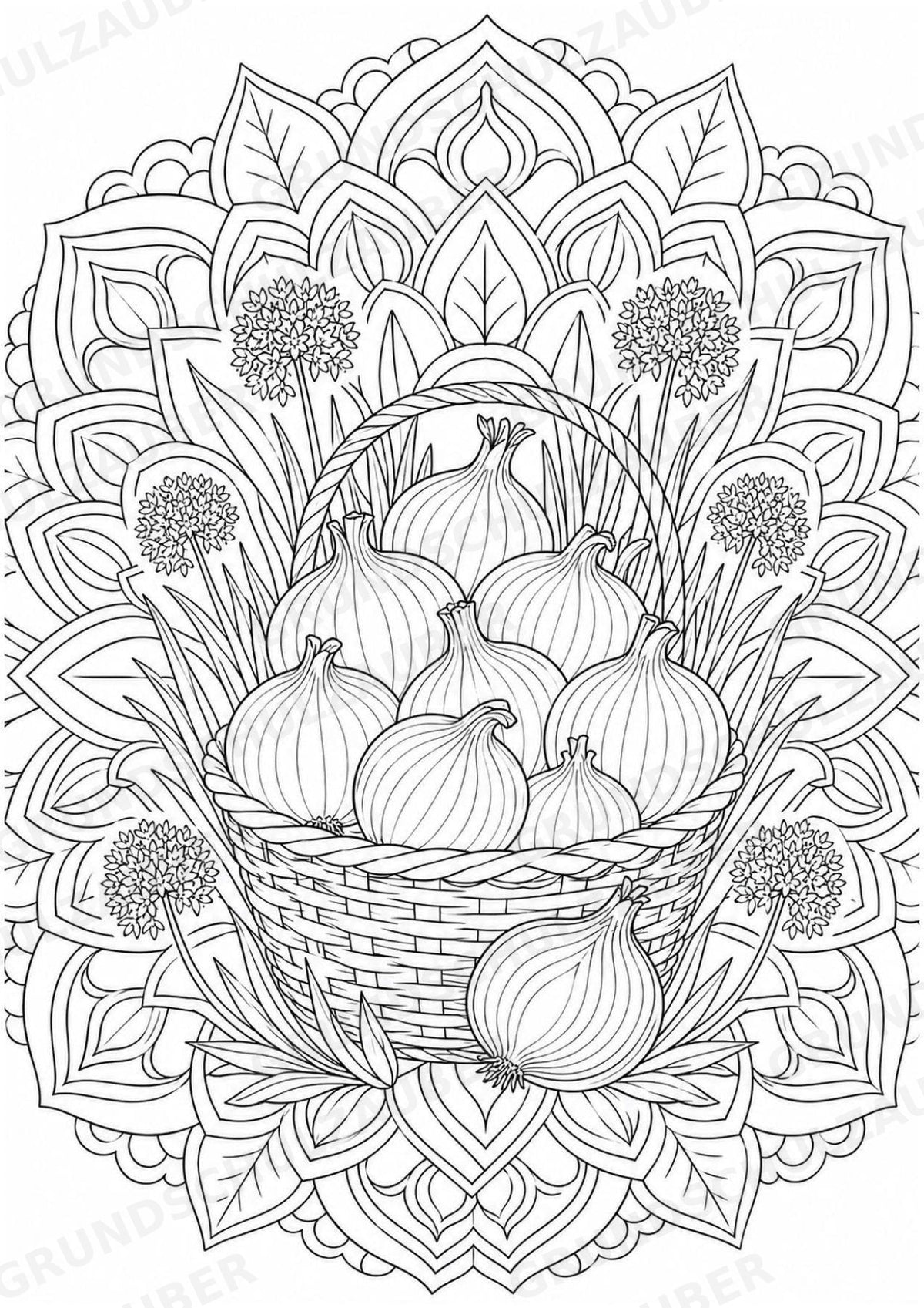 Zwiebel Mandalas Ausmalbilder – Gemüse – 15 Malvorlagen – Materialseite 7