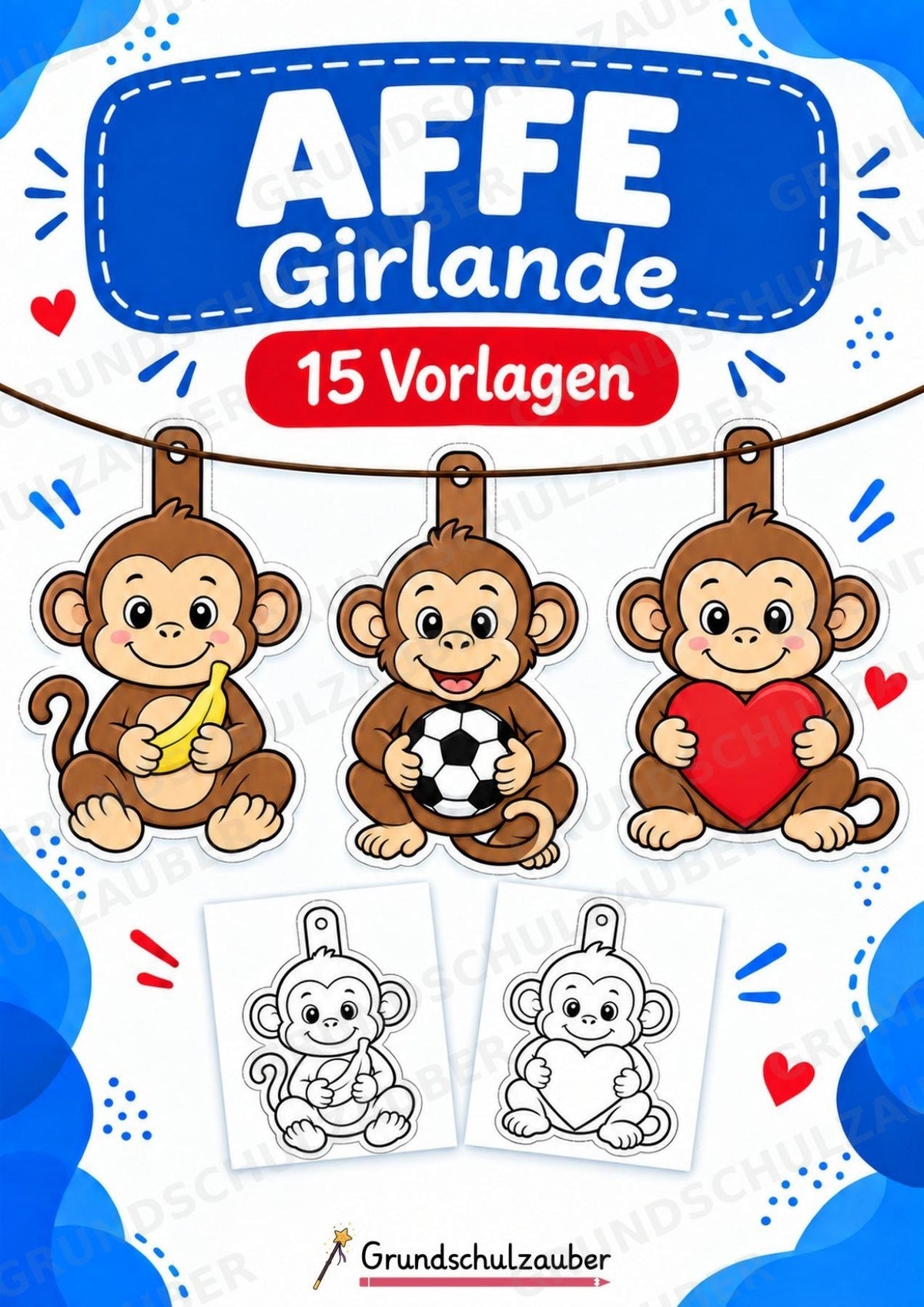 Affe Girlande – Fensterdeko – Basteln – Ausmalbild – Ausschneiden – 15 Vorlagen – Cover