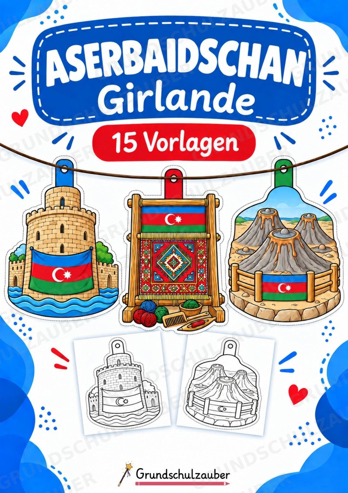 Aserbaidschan Girlande Fensterdeko Basteln Ausmalbild Ausschneiden 15 Vorlagen – Cover