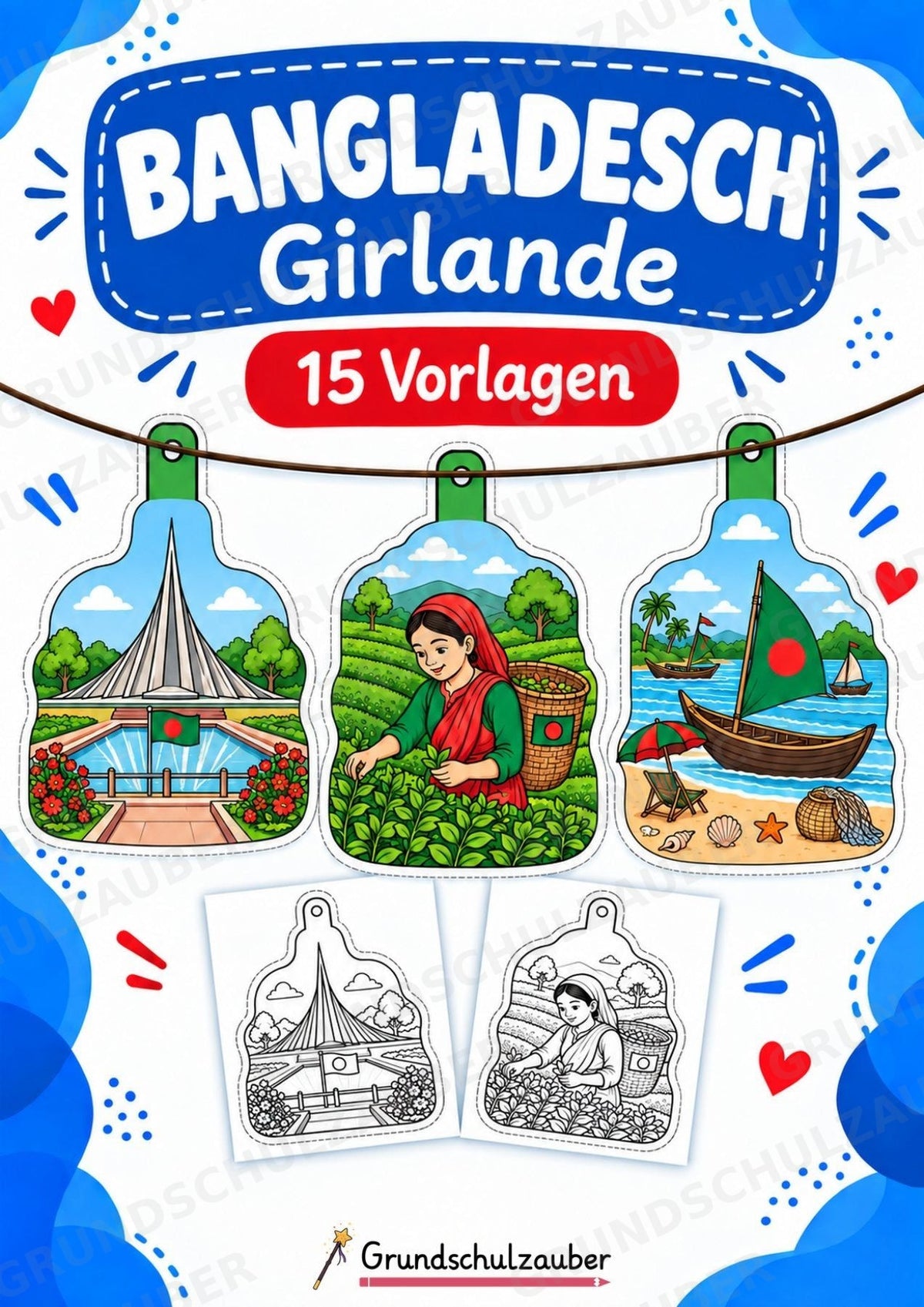 Bangladesch Girlande Fensterdeko Basteln Ausmalbild Ausschneiden 15 Vorlagen – Cover