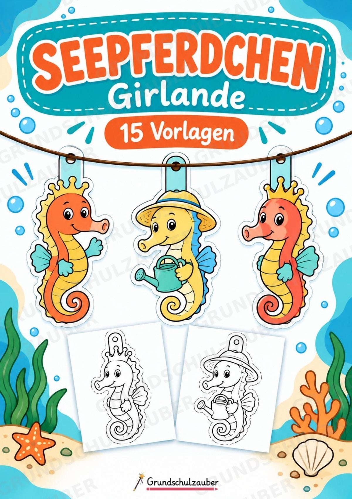 Seepferdchen – Fensterdeko – Basteln – Ausmalbild – Ausschneiden – 15 Vorlagen – Cover