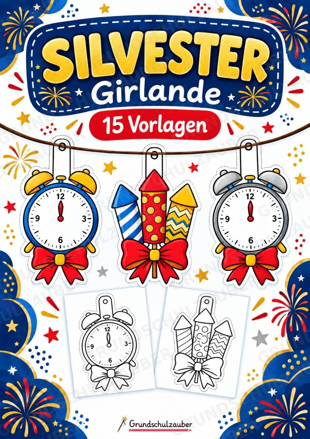 Silvester – Fensterdeko – Basteln – Ausmalbild – Ausschneiden – 15 Vorlagen – Cover