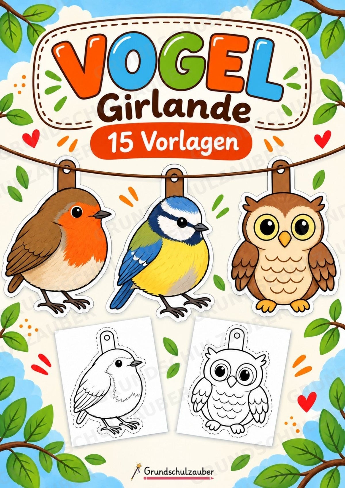 Vogel – Fensterdeko – Basteln – Ausmalbild – Ausschneiden – 15 Vorlagen – Cover