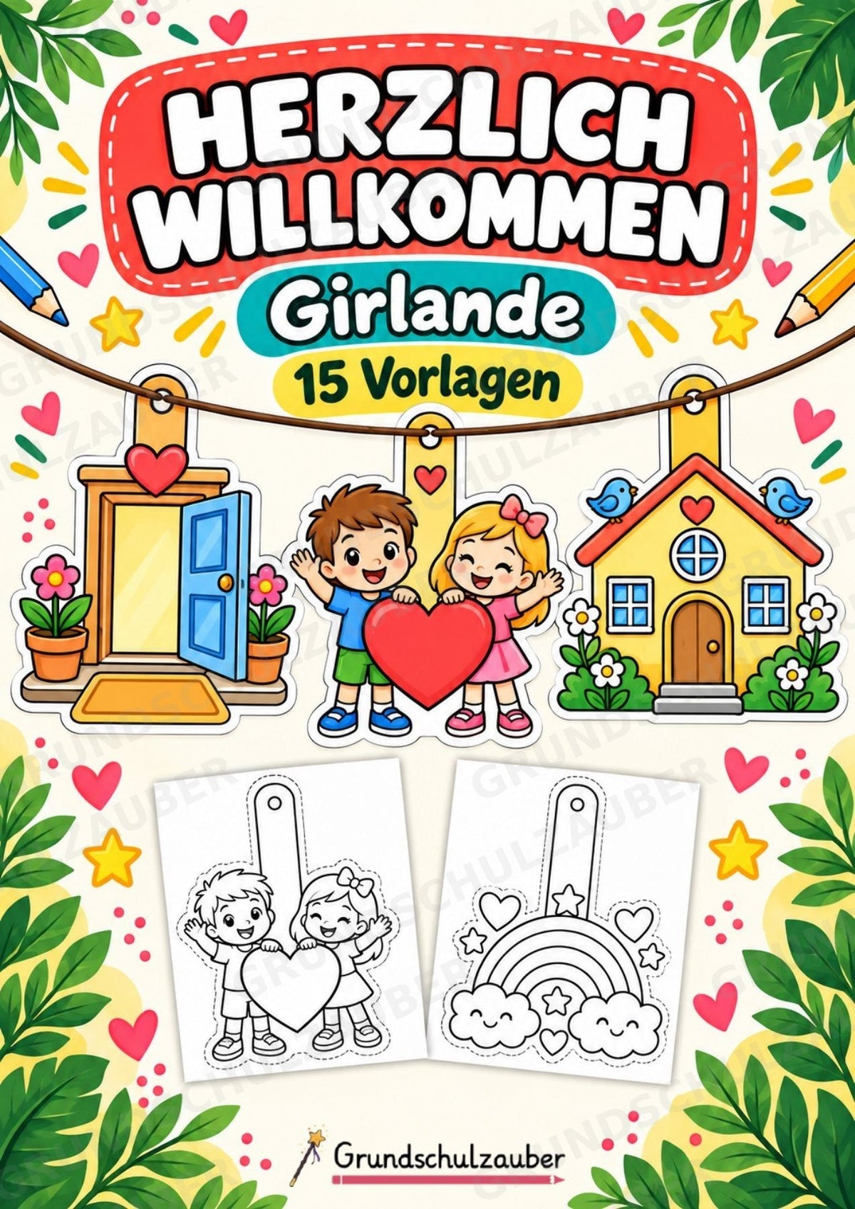 Herzlich Willkommen – Fensterdeko – Basteln – Ausmalbild – Ausschneiden – 15 Vorlagen – Cover