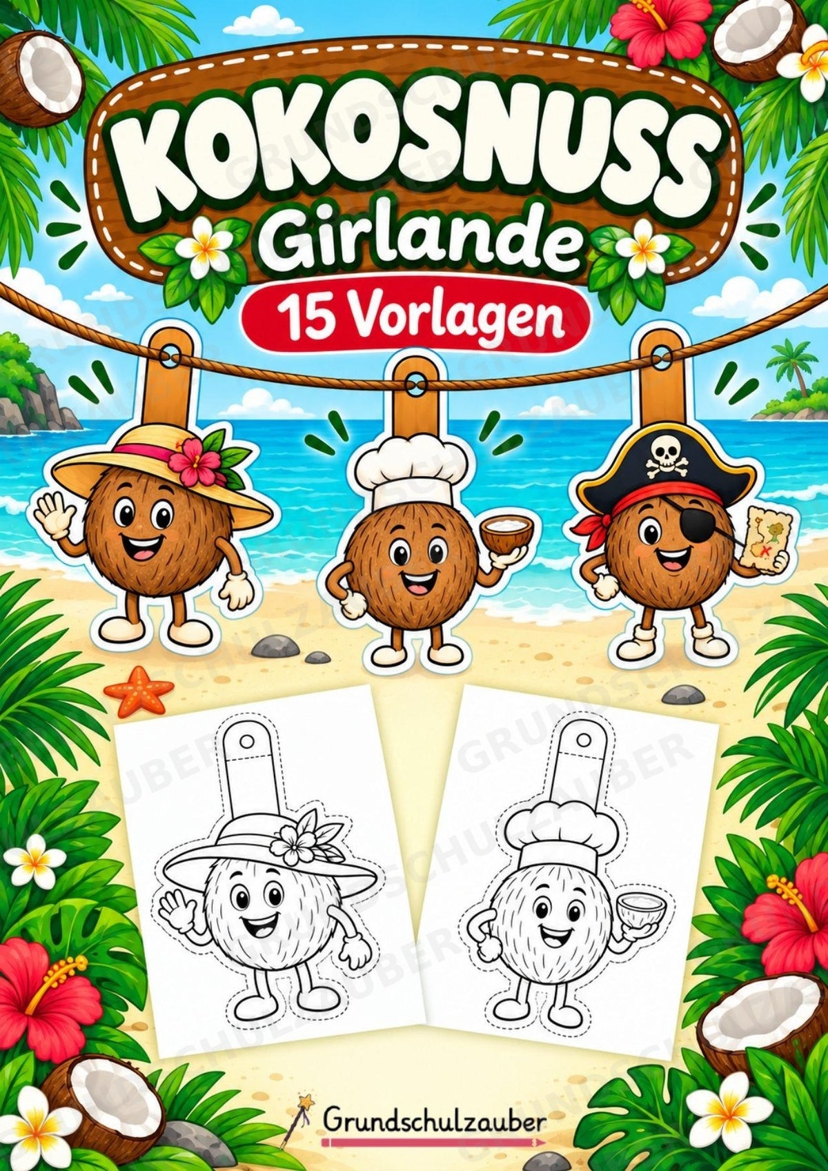 Kokosnuss – Fensterdeko – Basteln – Ausmalbild – Ausschneiden – 15 Vorlagen – Cover