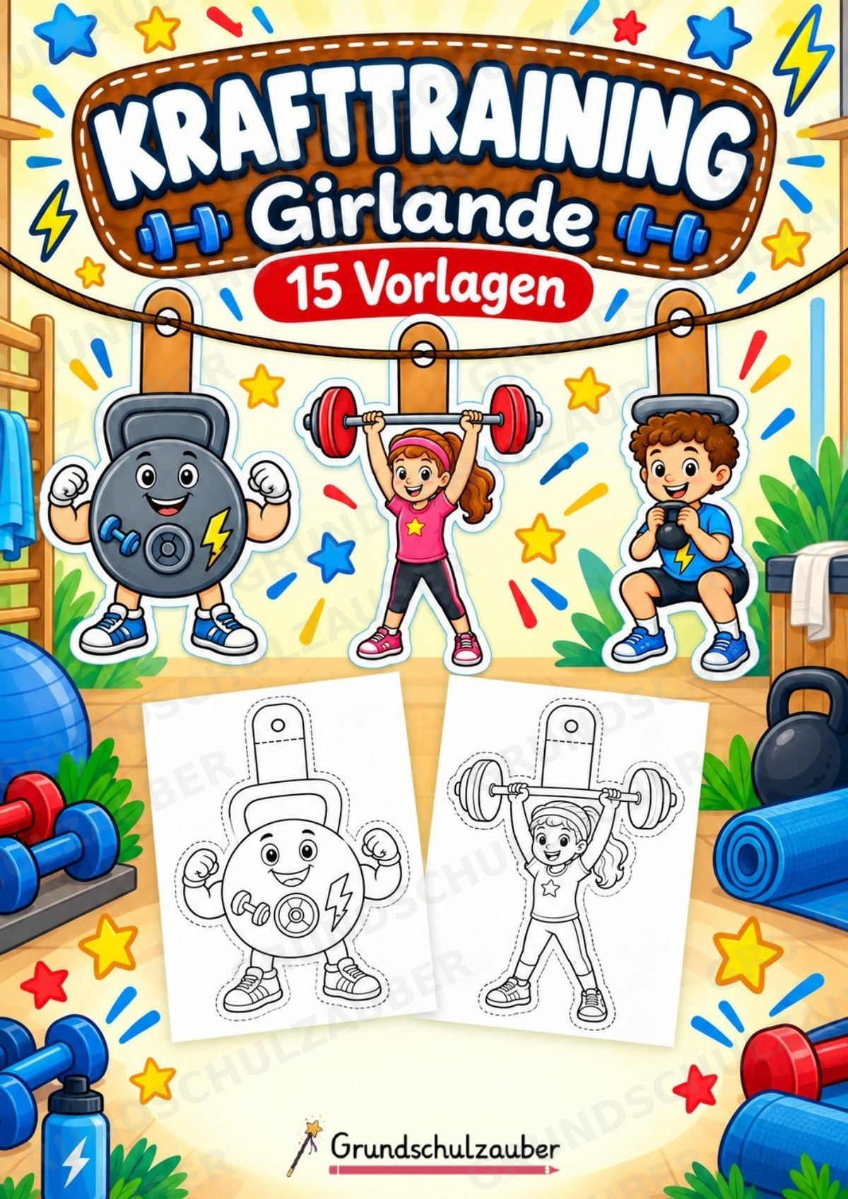 Krafttraining – Fensterdeko – Basteln – Ausmalbild – Ausschneiden – 15 Vorlagen – Cover