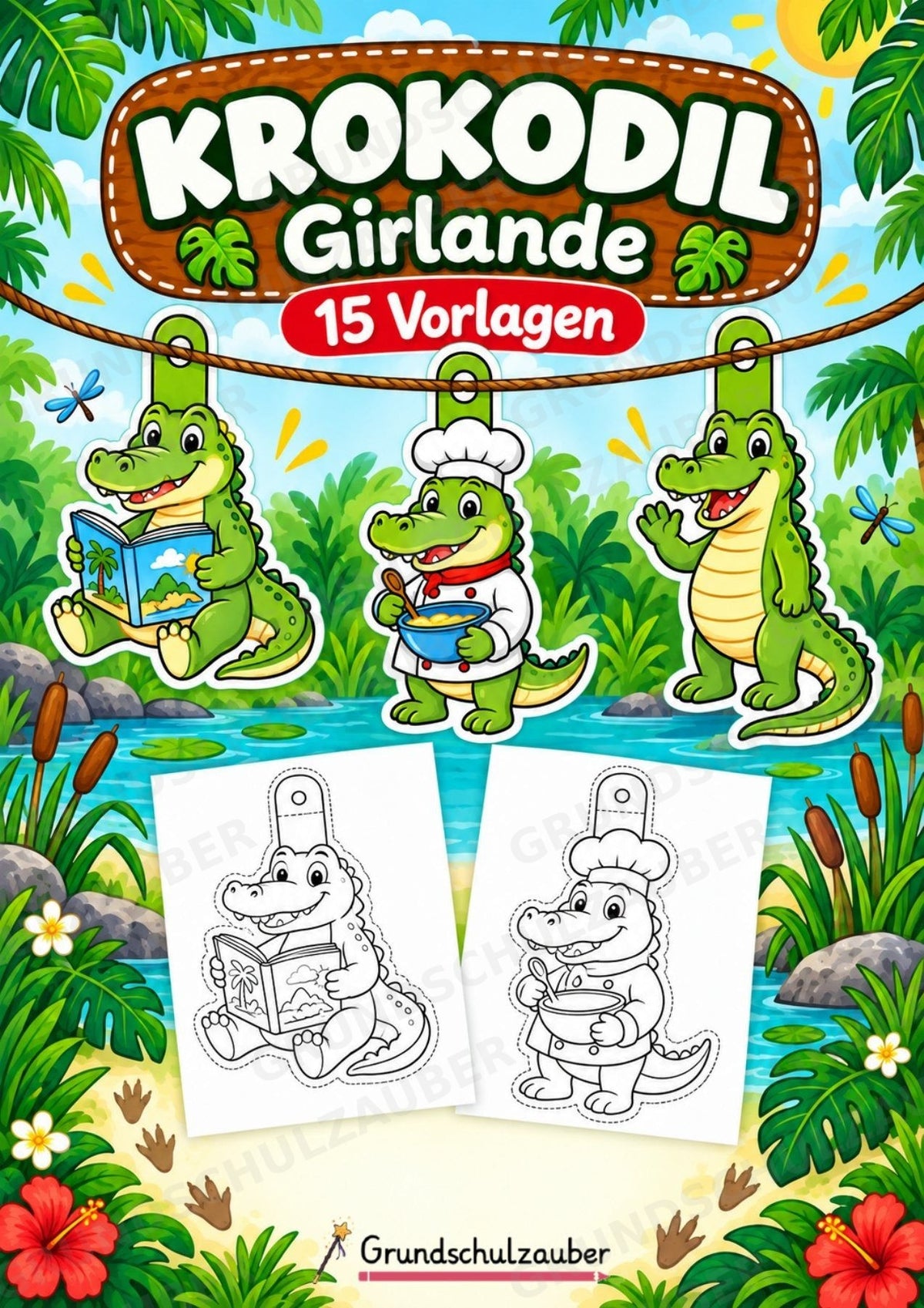 Krokodil – Fensterdeko – Basteln – Ausmalbild – Ausschneiden – 15 Vorlagen – Cover