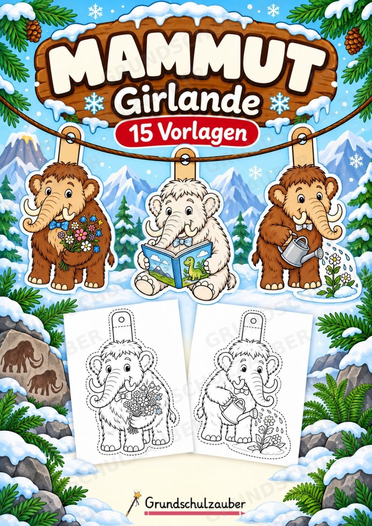 Mammut – Fensterdeko – Basteln – Ausmalbild – Ausschneiden – 15 Vorlagen – Cover