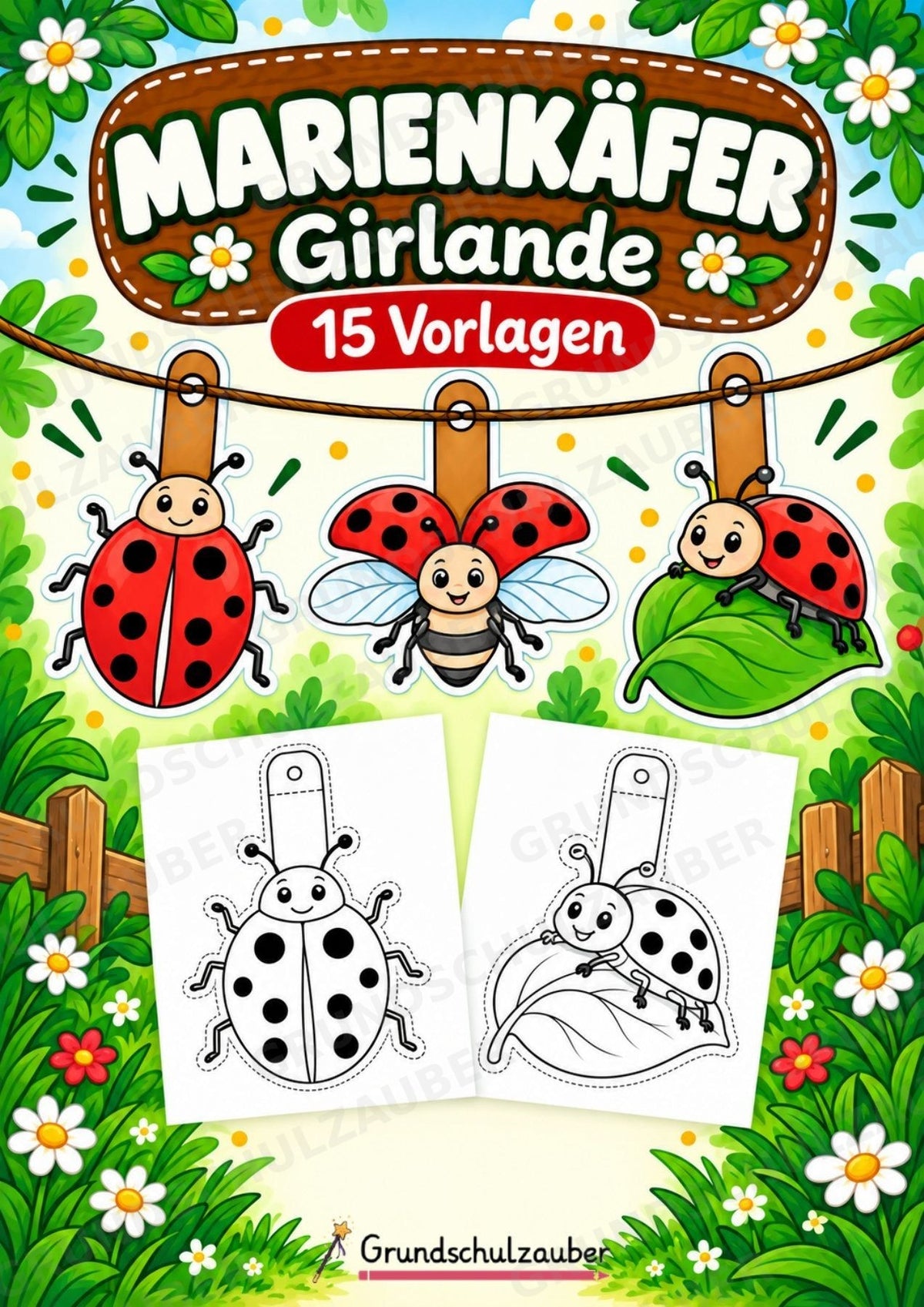 Marienkäfer – Fensterdeko – Basteln – Ausmalbild – Ausschneiden – 15 Vorlagen – Cover
