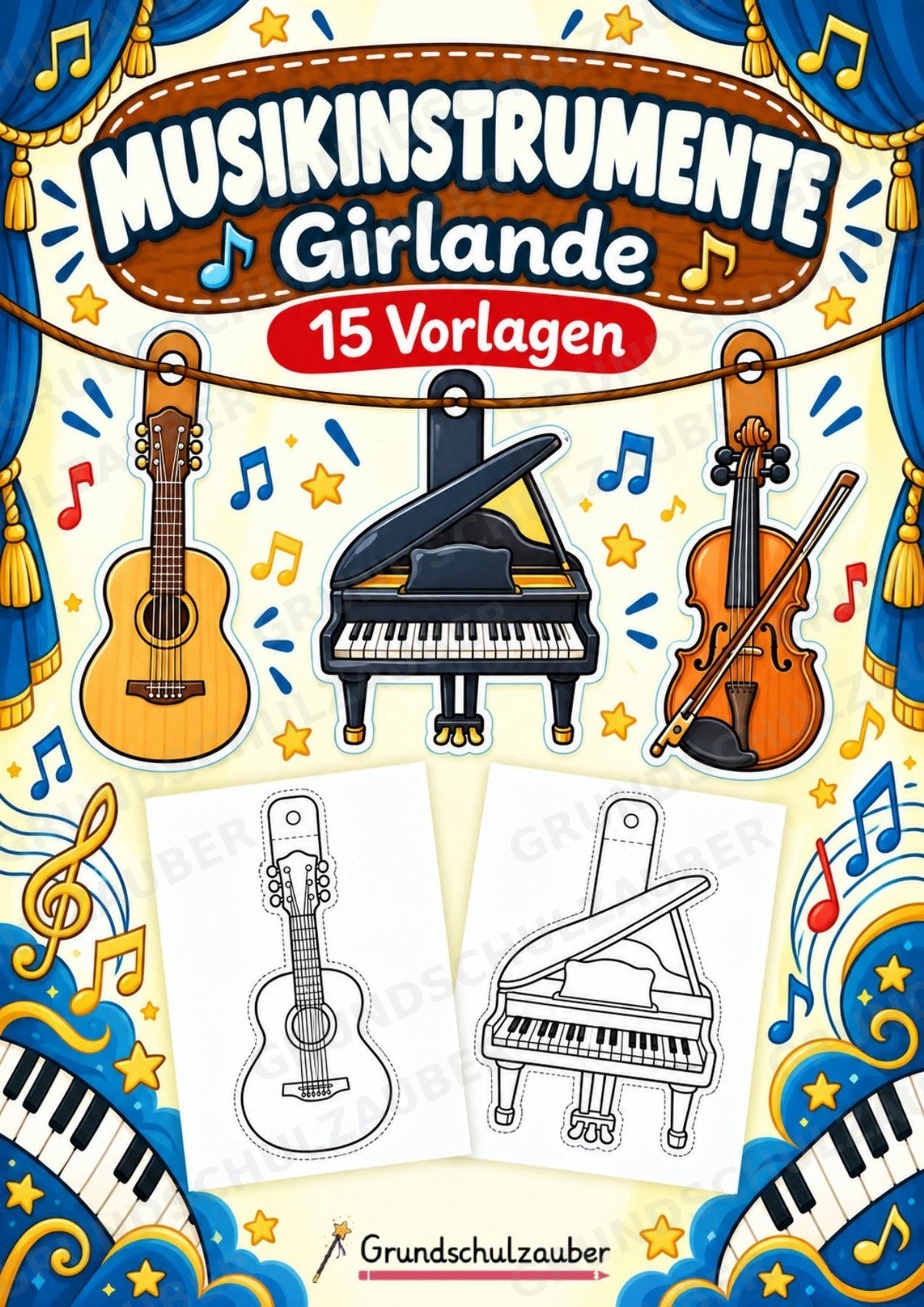 Musikinstrumente – Fensterdeko – Basteln – Ausmalbild – Ausschneiden – 15 Vorlagen – Cover