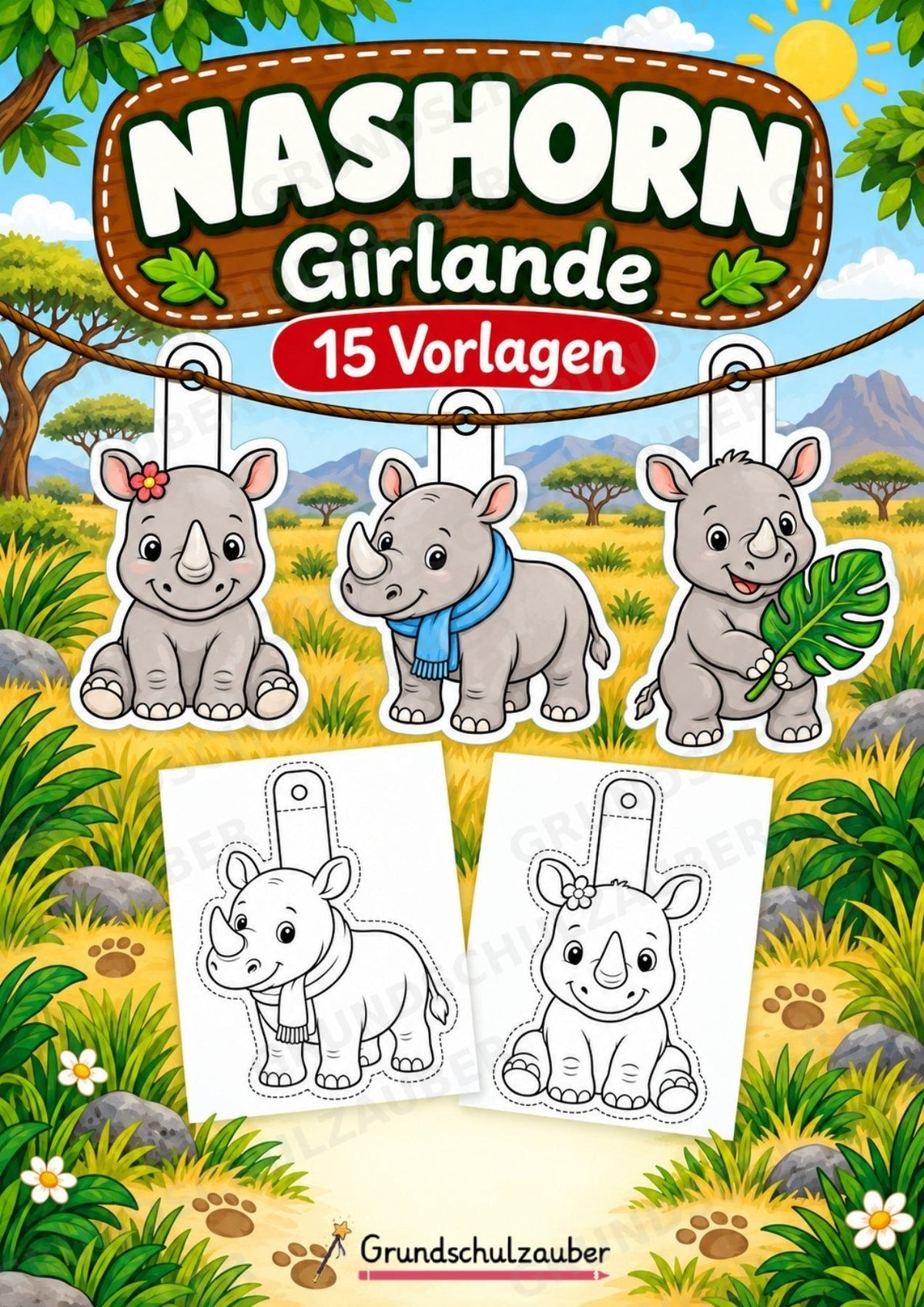 Nashorn – Fensterdeko – Basteln – Ausmalbild – Ausschneiden – 15 Vorlagen – Cover