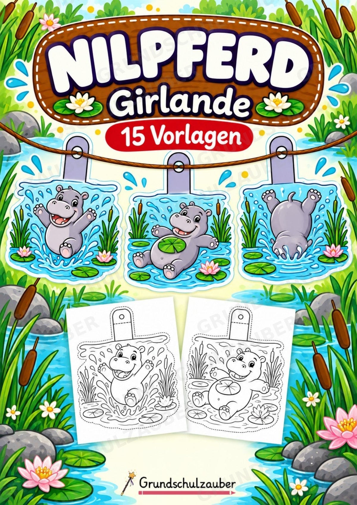 Nilpferd – Fensterdeko – Basteln – Ausmalbild – Ausschneiden – 15 Vorlagen – Cover