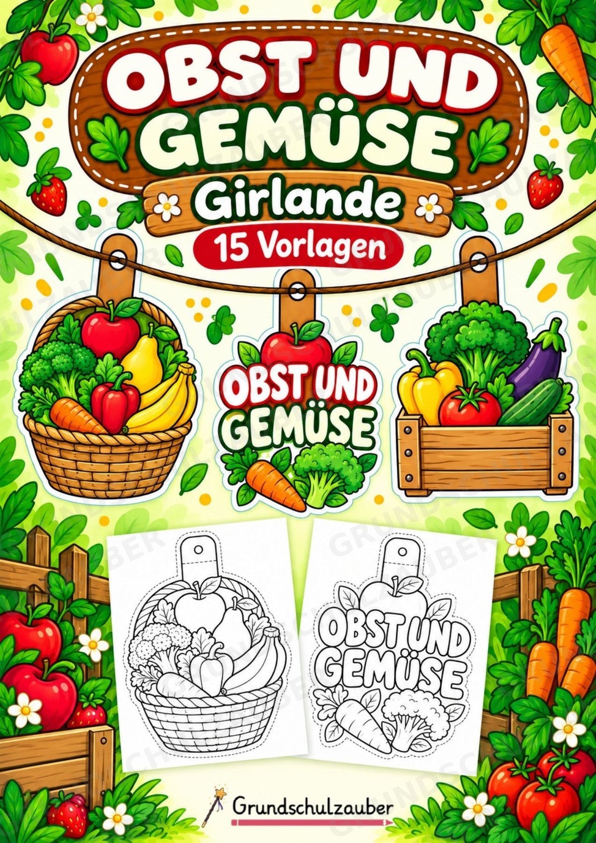Obst und Gemüse – Fensterdeko – Basteln – Ausmalbild – Ausschneiden – 15 Vorlagen – Cover