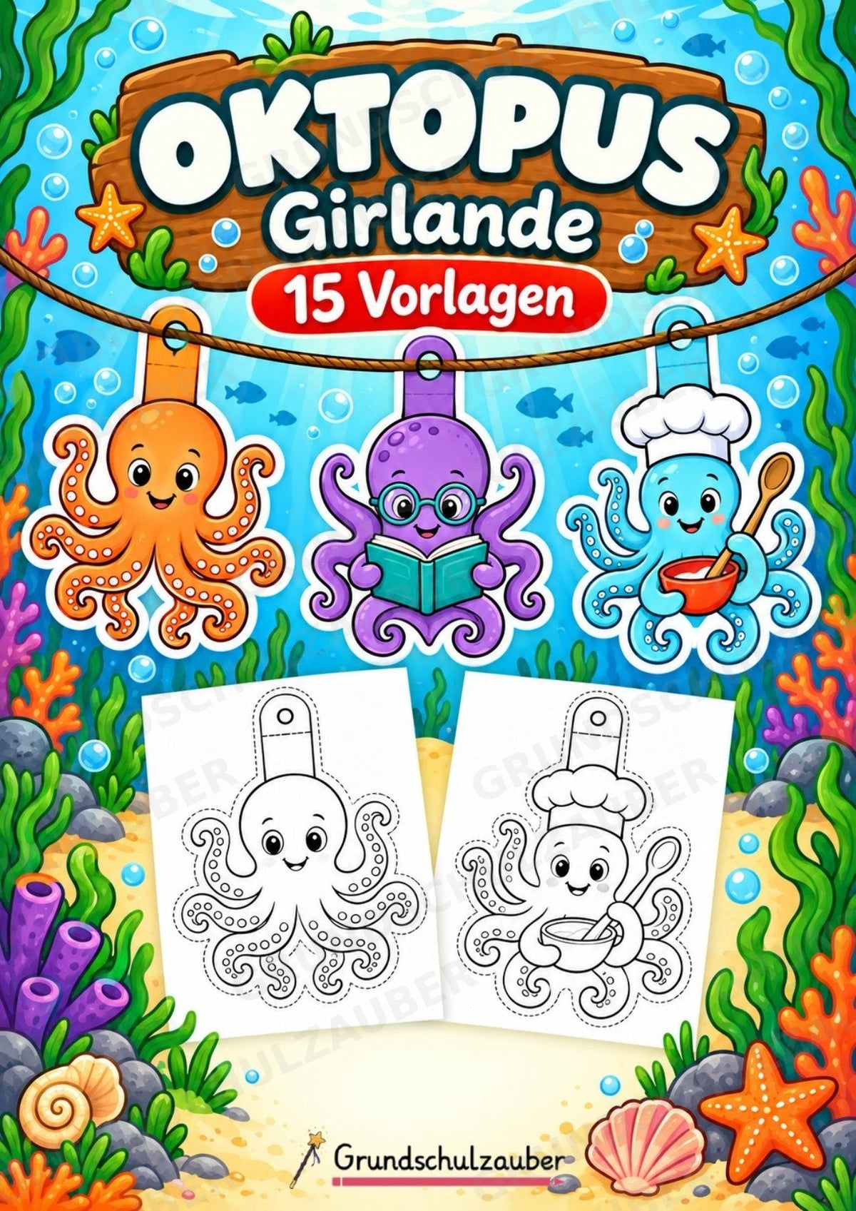 Oktopus – Fensterdeko – Basteln – Ausmalbild – Ausschneiden – 15 Vorlagen – Cover