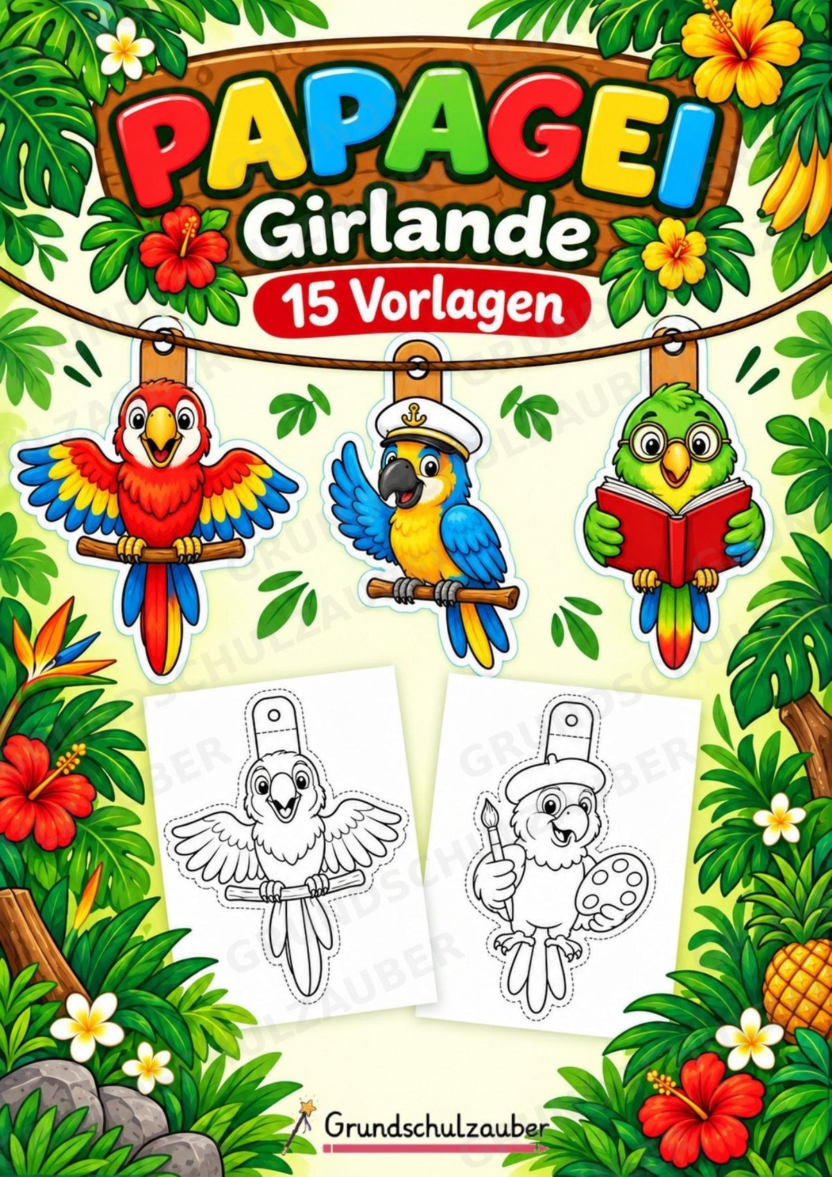 Papagei – Fensterdeko – Basteln – Ausmalbild – Ausschneiden – 15 Vorlagen – Cover