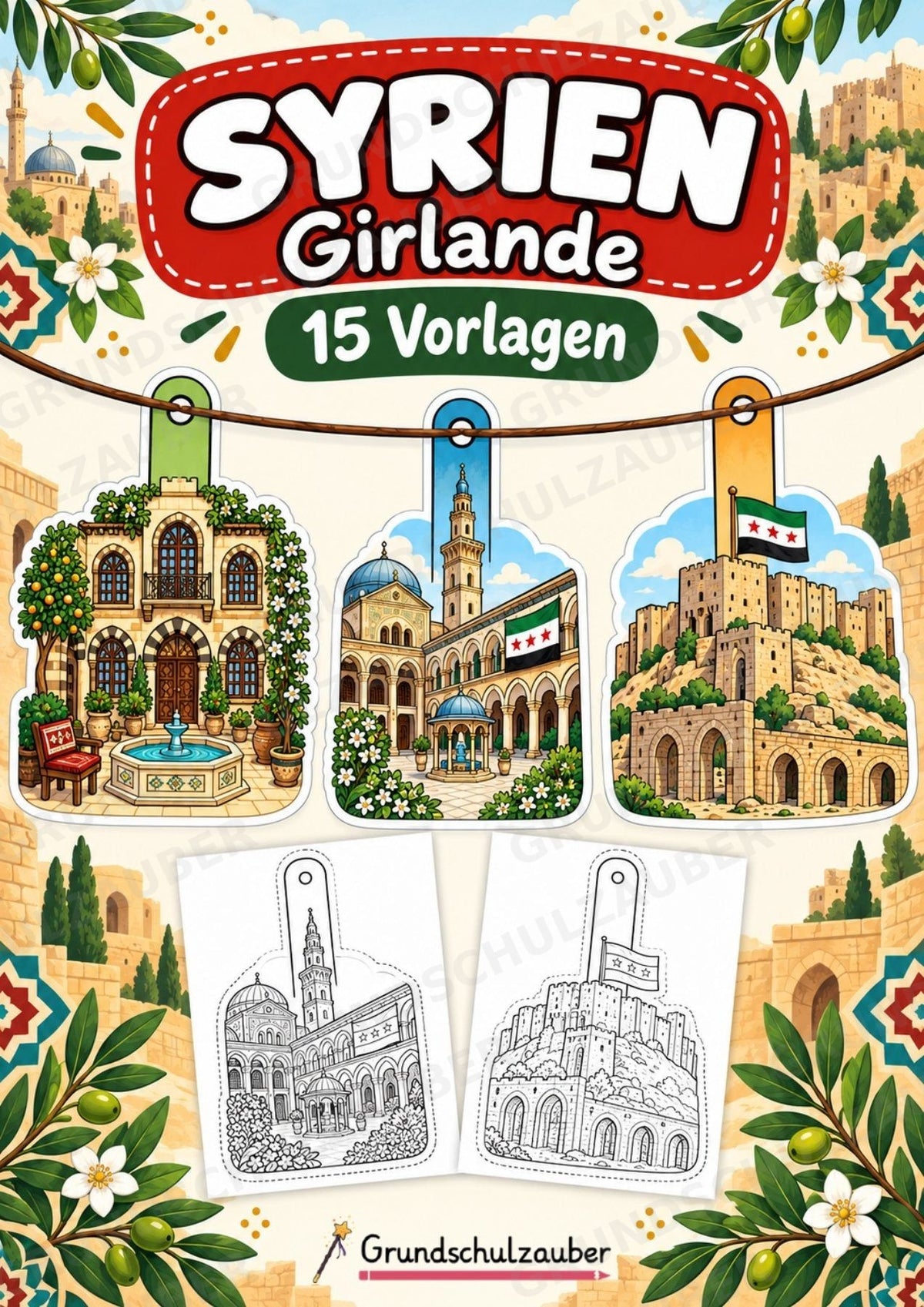 Syrien – Fensterdeko – Basteln – Ausmalbild – Ausschneiden – 15 Vorlagen – Cover