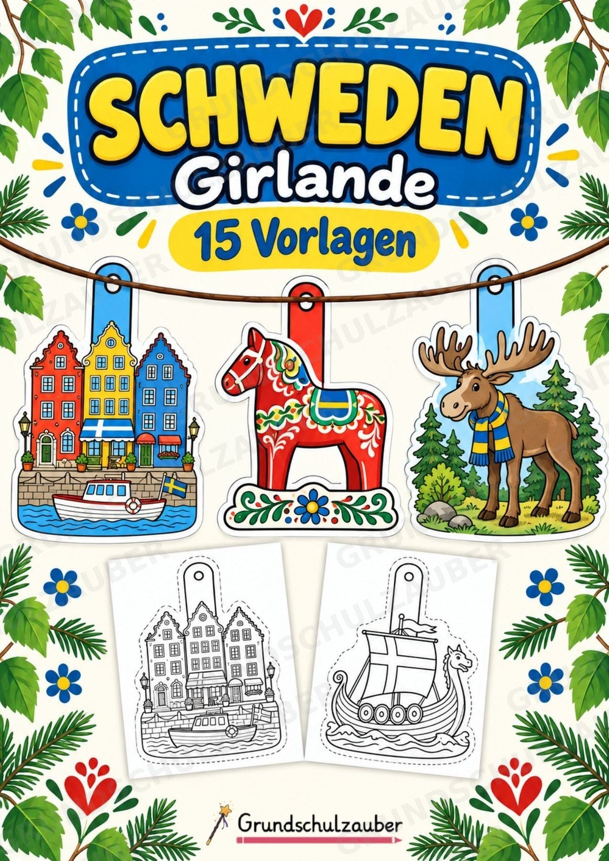 Schweden – Fensterdeko – Basteln – Ausmalbild – Ausschneiden – 15 Vorlagen – Cover