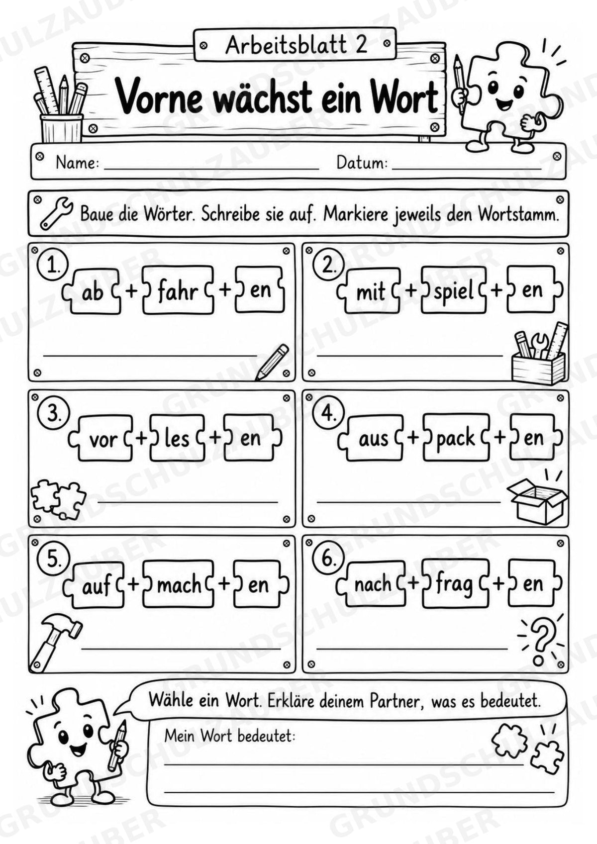 Die Wörterwerkstatt | Wortbausteine, Wortbildung & Wortstamm | Wortfamilien, Vorsilben & Nachsilben | 20 Arbeitsblätter Deutsch Klasse 2–3 – Materialseite 6