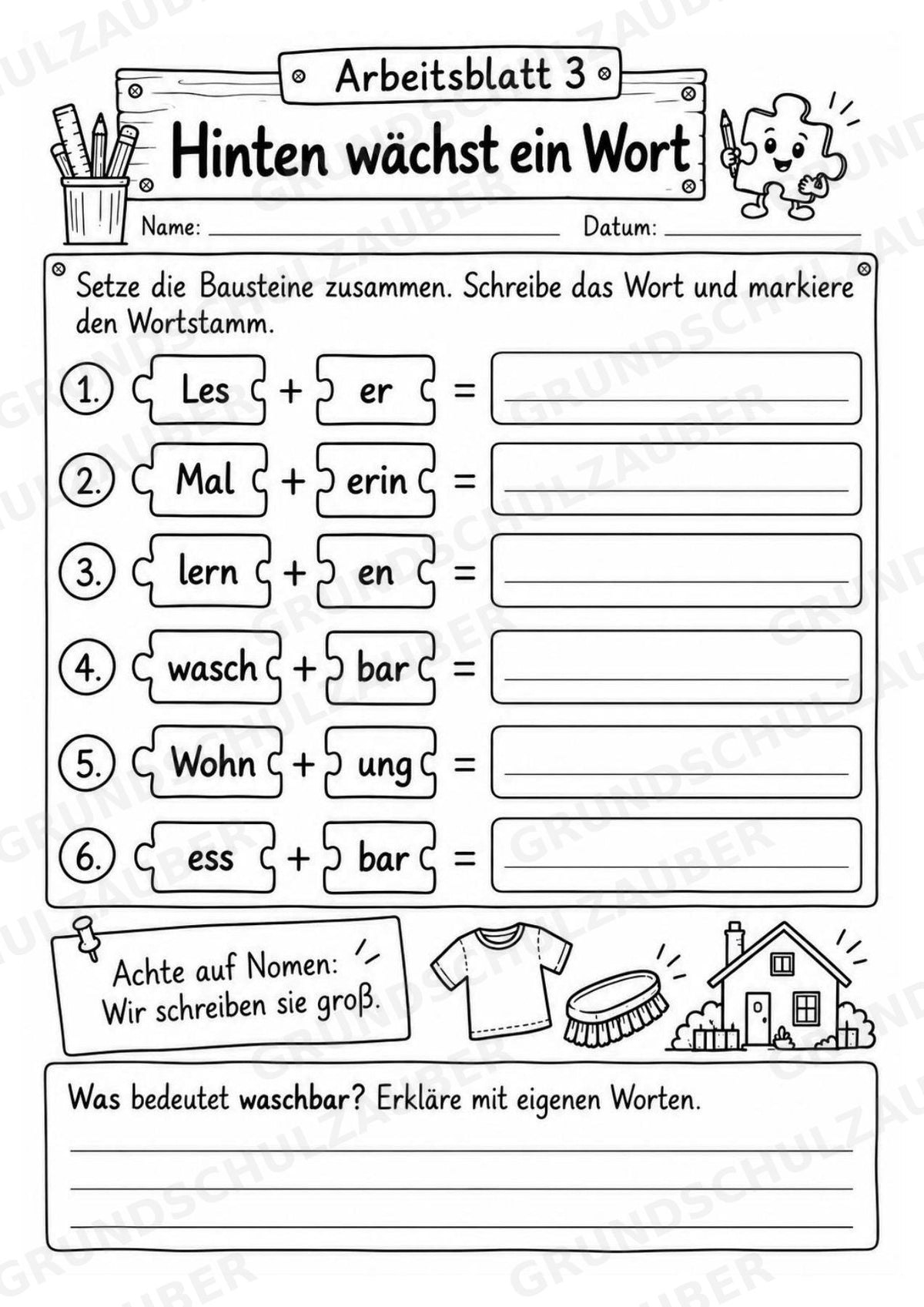 Die Wörterwerkstatt | Wortbausteine, Wortbildung & Wortstamm | Wortfamilien, Vorsilben & Nachsilben | 20 Arbeitsblätter Deutsch Klasse 2–3 – Materialseite 7