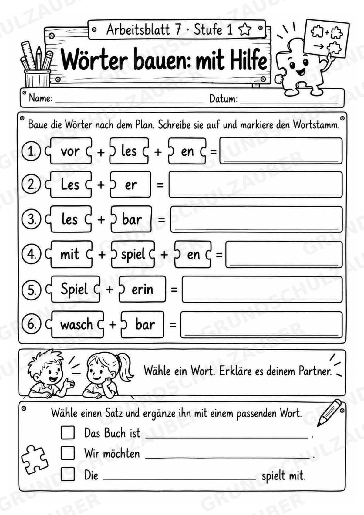 Die Wörterwerkstatt | Wortbausteine, Wortbildung & Wortstamm | Wortfamilien, Vorsilben & Nachsilben | 20 Arbeitsblätter Deutsch Klasse 2–3 – Materialseite 11