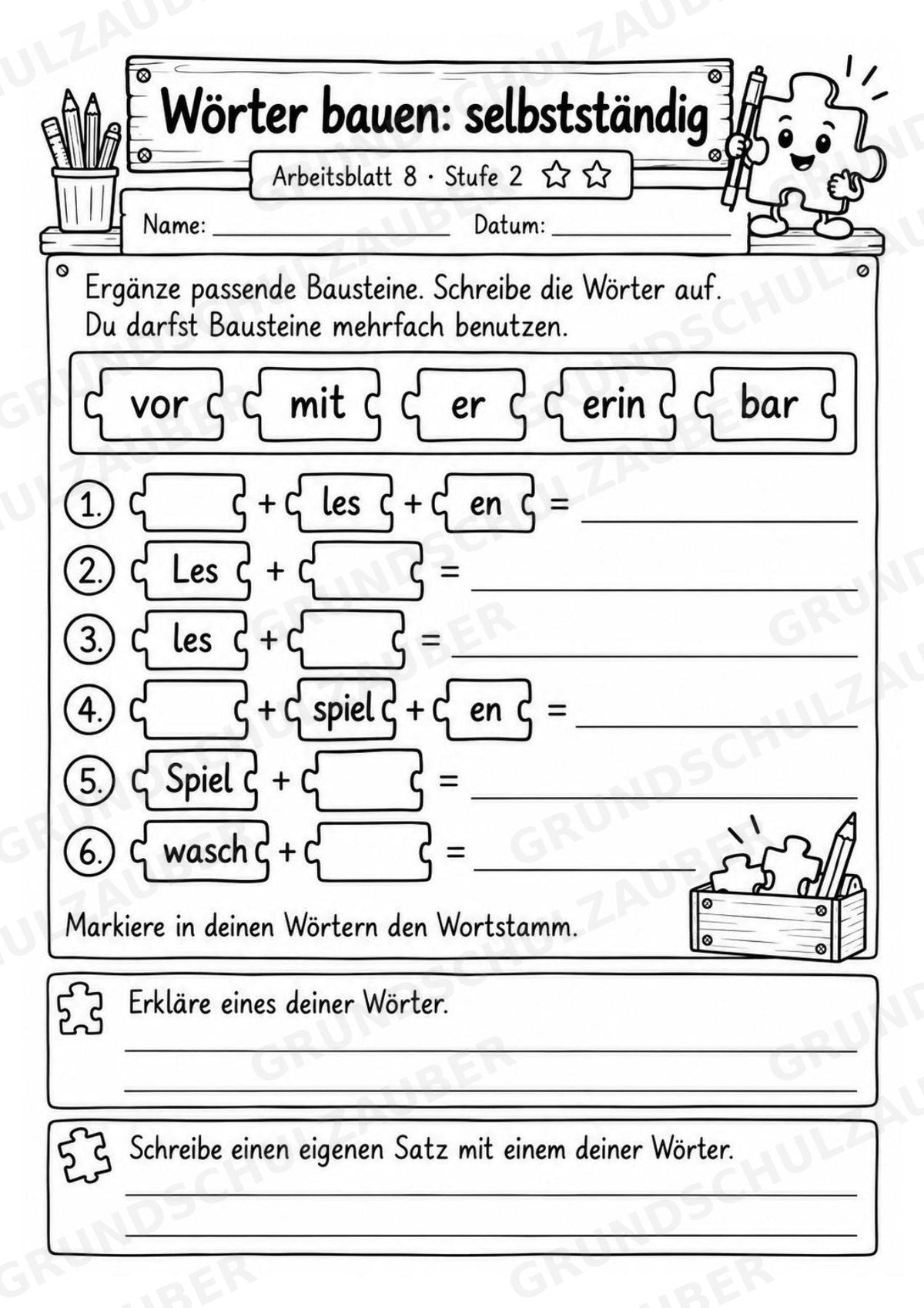 Die Wörterwerkstatt | Wortbausteine, Wortbildung & Wortstamm | Wortfamilien, Vorsilben & Nachsilben | 20 Arbeitsblätter Deutsch Klasse 2–3 – Materialseite 12