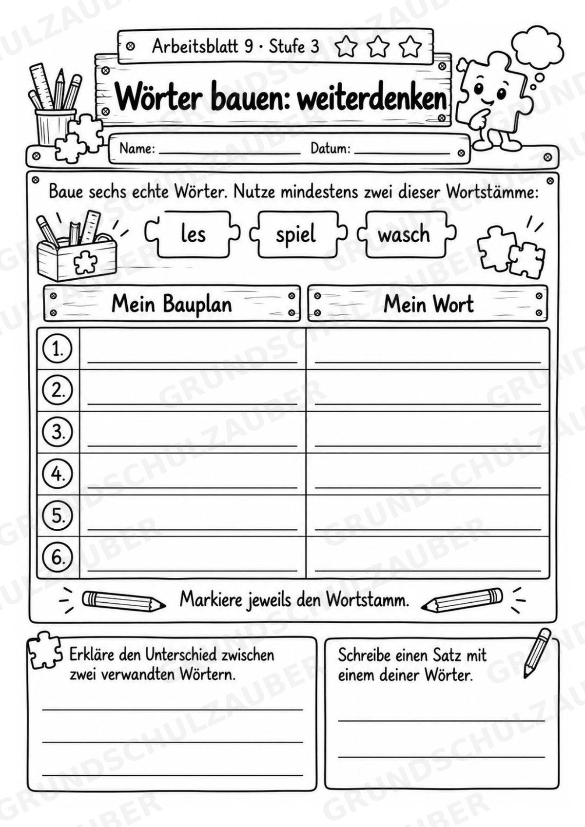 Die Wörterwerkstatt | Wortbausteine, Wortbildung & Wortstamm | Wortfamilien, Vorsilben & Nachsilben | 20 Arbeitsblätter Deutsch Klasse 2–3 – Materialseite 13