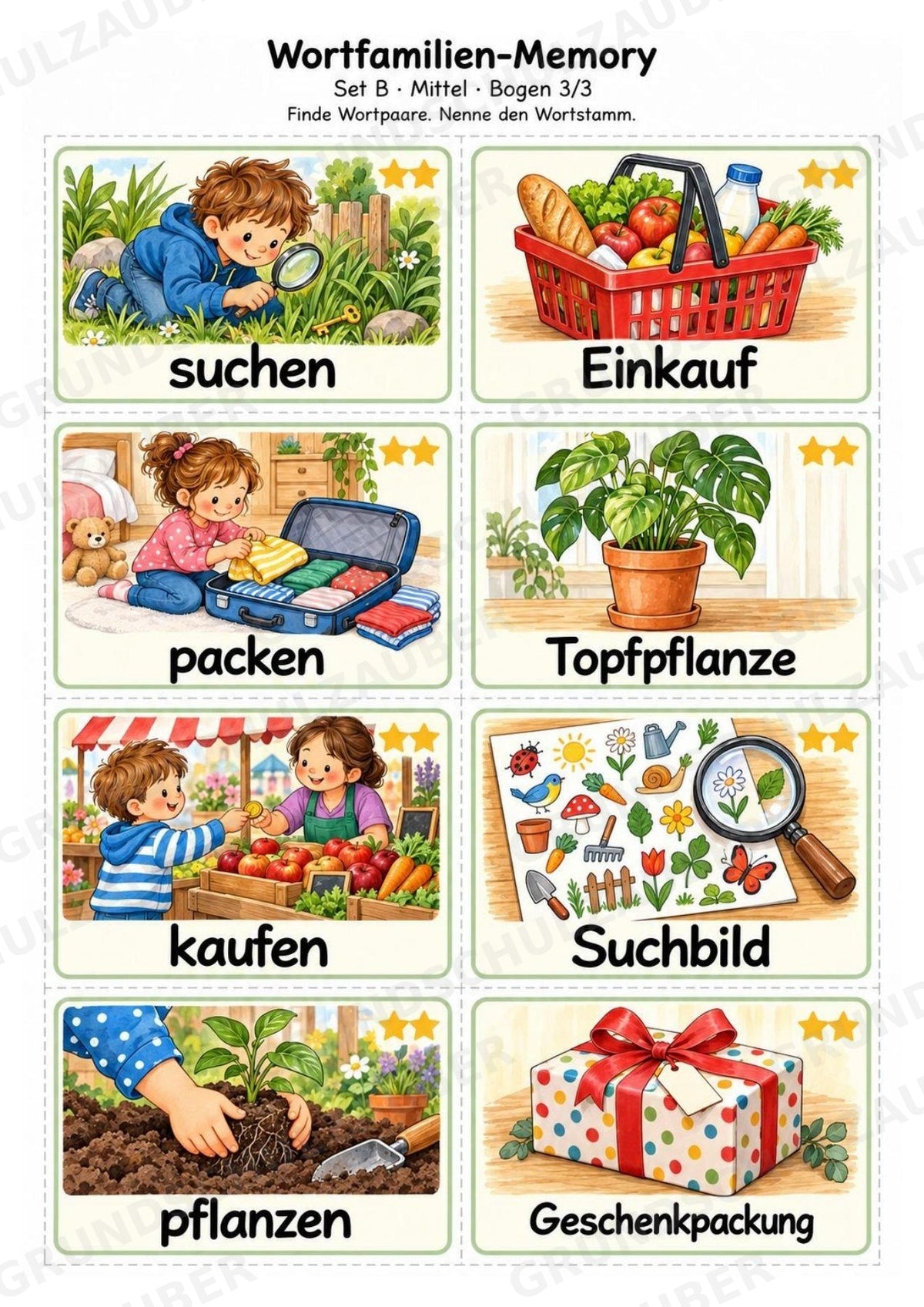Wortfamilien-Memory | Wortstamm & Wortfamilien üben | 64 Spielkarten | Deutsch Grundschule Klasse 2–3 | 3-fach differenziert – Materialseite 6