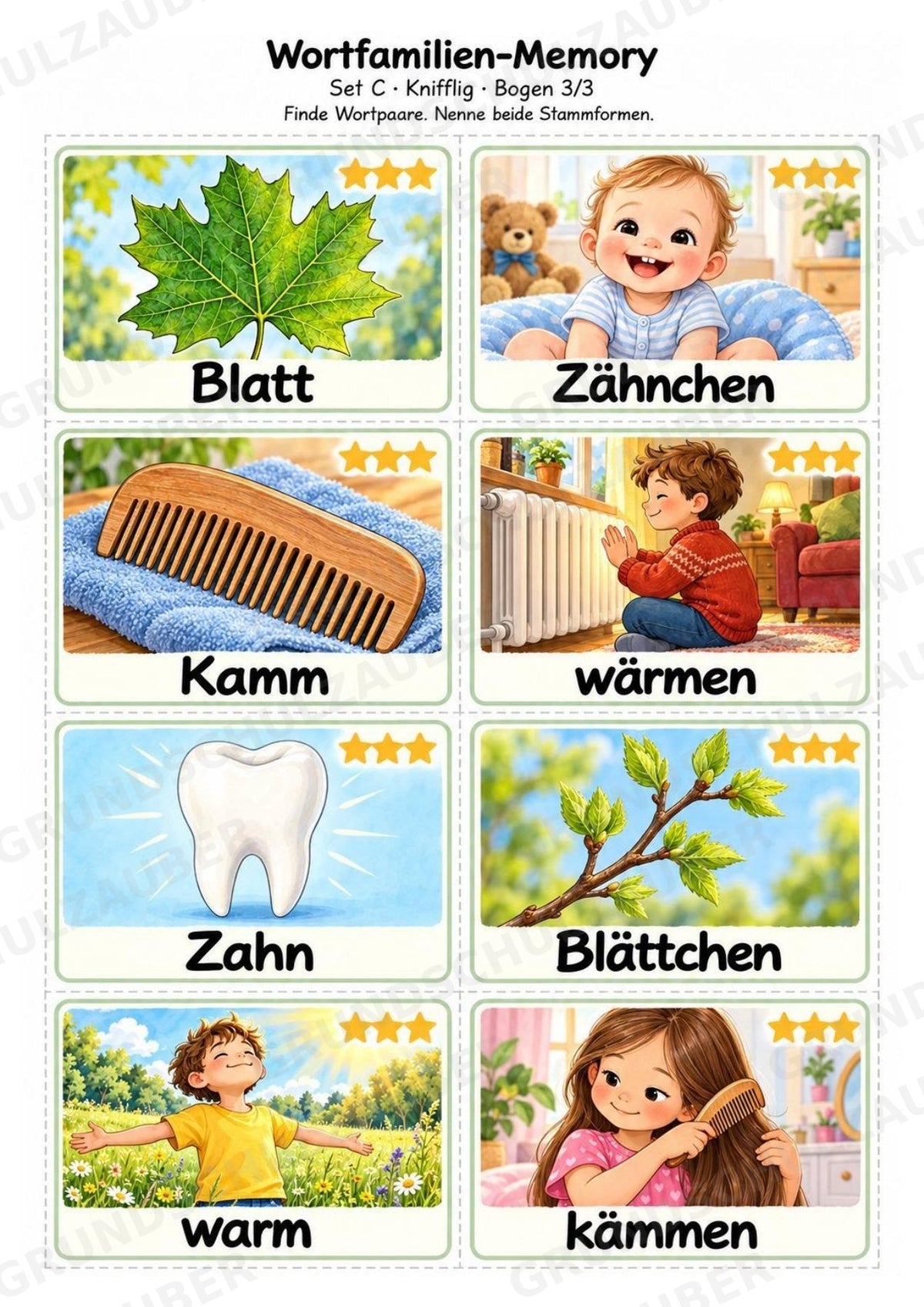 Wortfamilien-Memory | Wortstamm & Wortfamilien üben | 64 Spielkarten | Deutsch Grundschule Klasse 2–3 | 3-fach differenziert – Materialseite 9