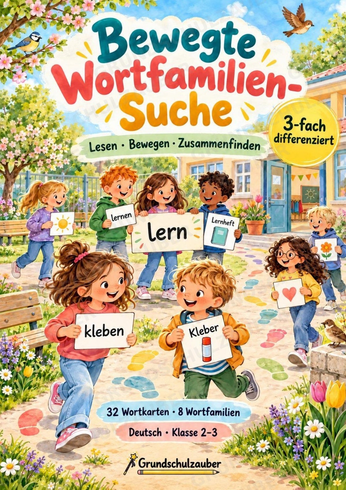 Bewegte Wortfamilien-Suche | Wortstamm üben | 32 Wortkarten | Bewegungsspiel Deutsch Grundschule Klasse 2–3 | 3-fach differenziert – Cover