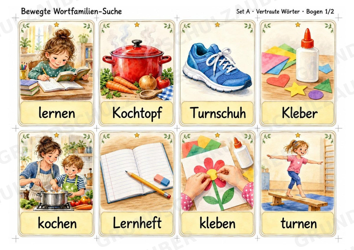 Bewegte Wortfamilien-Suche | Wortstamm üben | 32 Wortkarten | Bewegungsspiel Deutsch Grundschule Klasse 2–3 | 3-fach differenziert – Materialseite 3