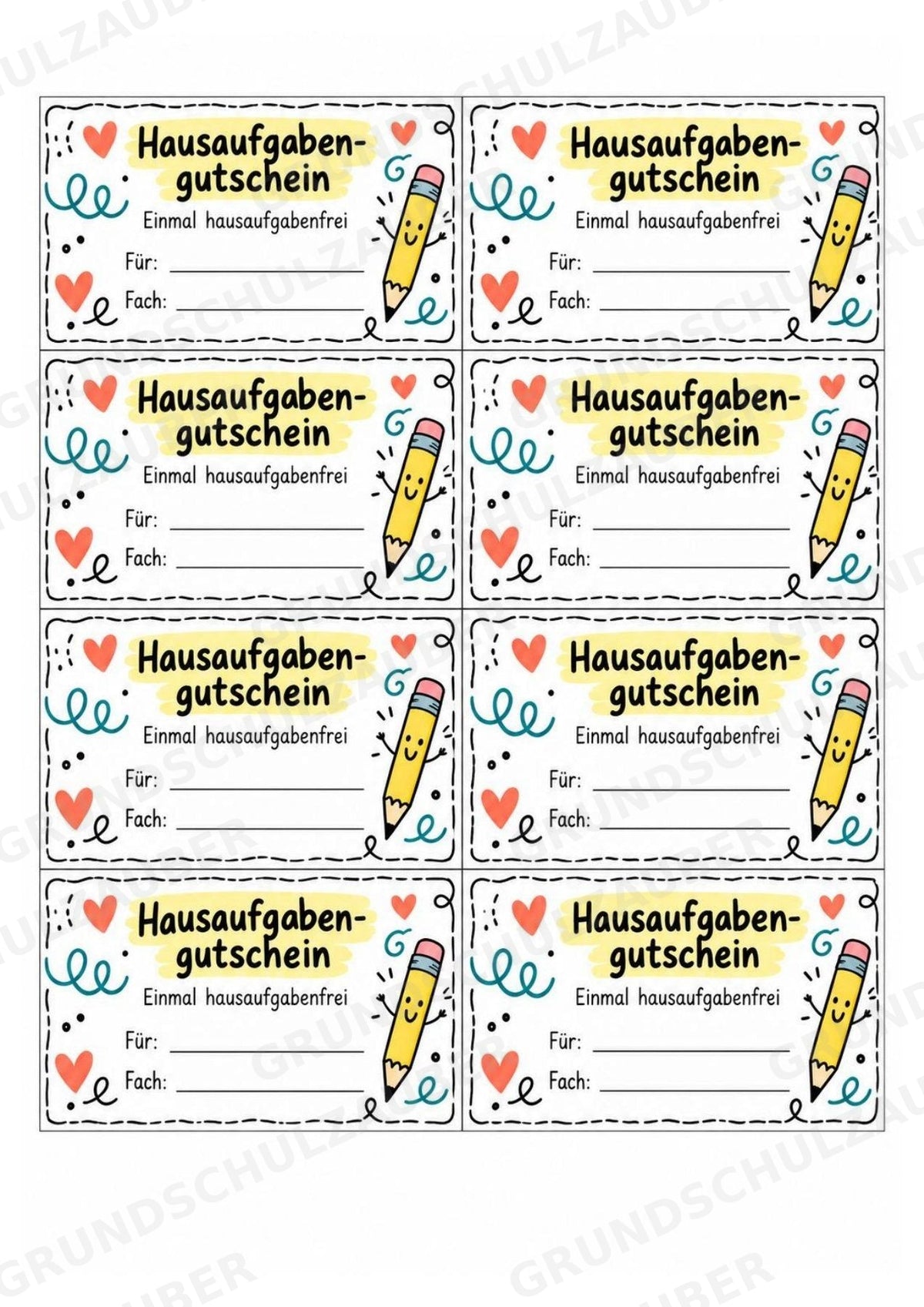 Hausaufgabengutscheine & Hausaufgaben vergessen | 64 Karten in 4 Designs für die Grundschule – Materialseite 3