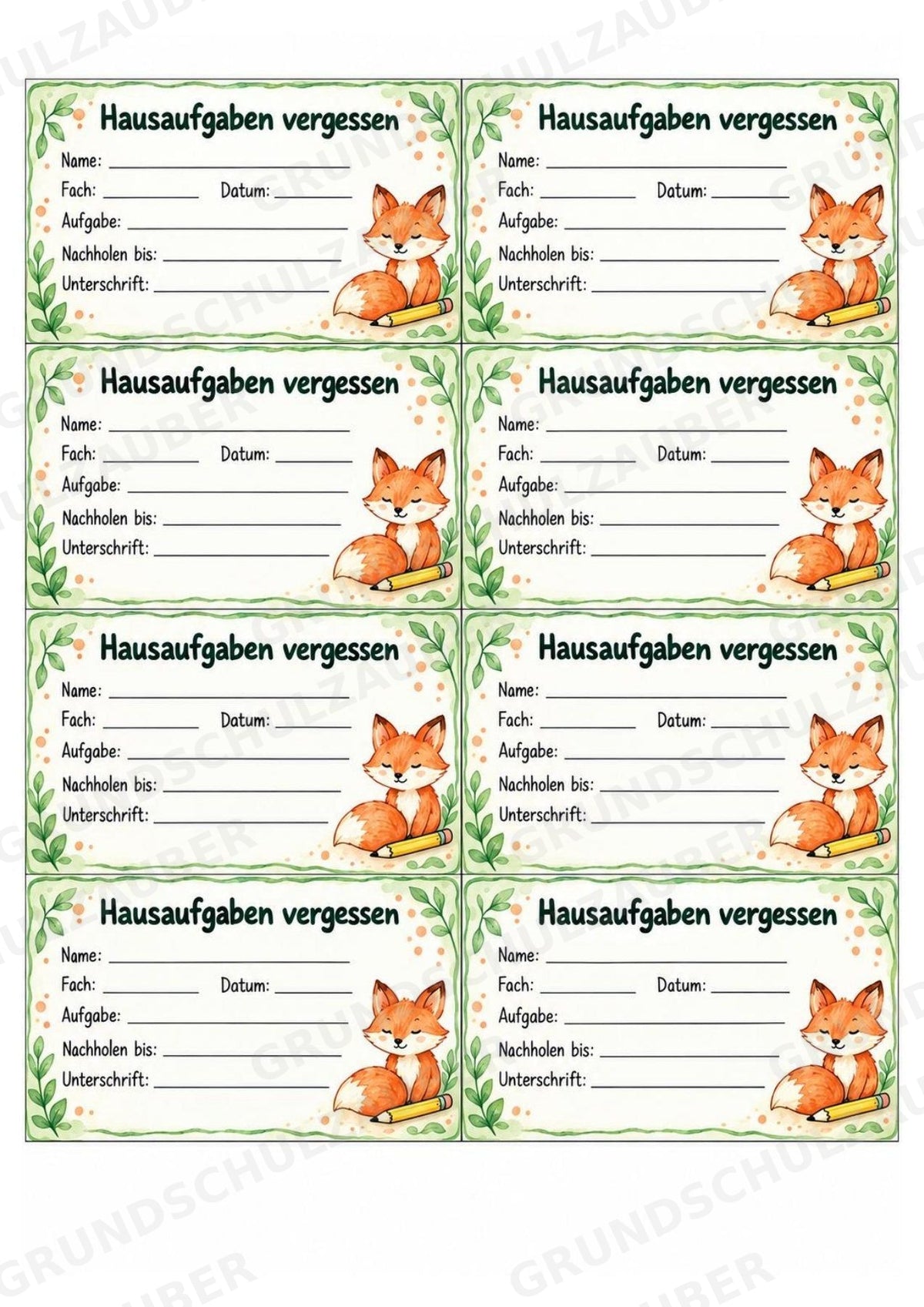 Hausaufgabengutscheine & Hausaufgaben vergessen | 64 Karten in 4 Designs für die Grundschule – Materialseite 6