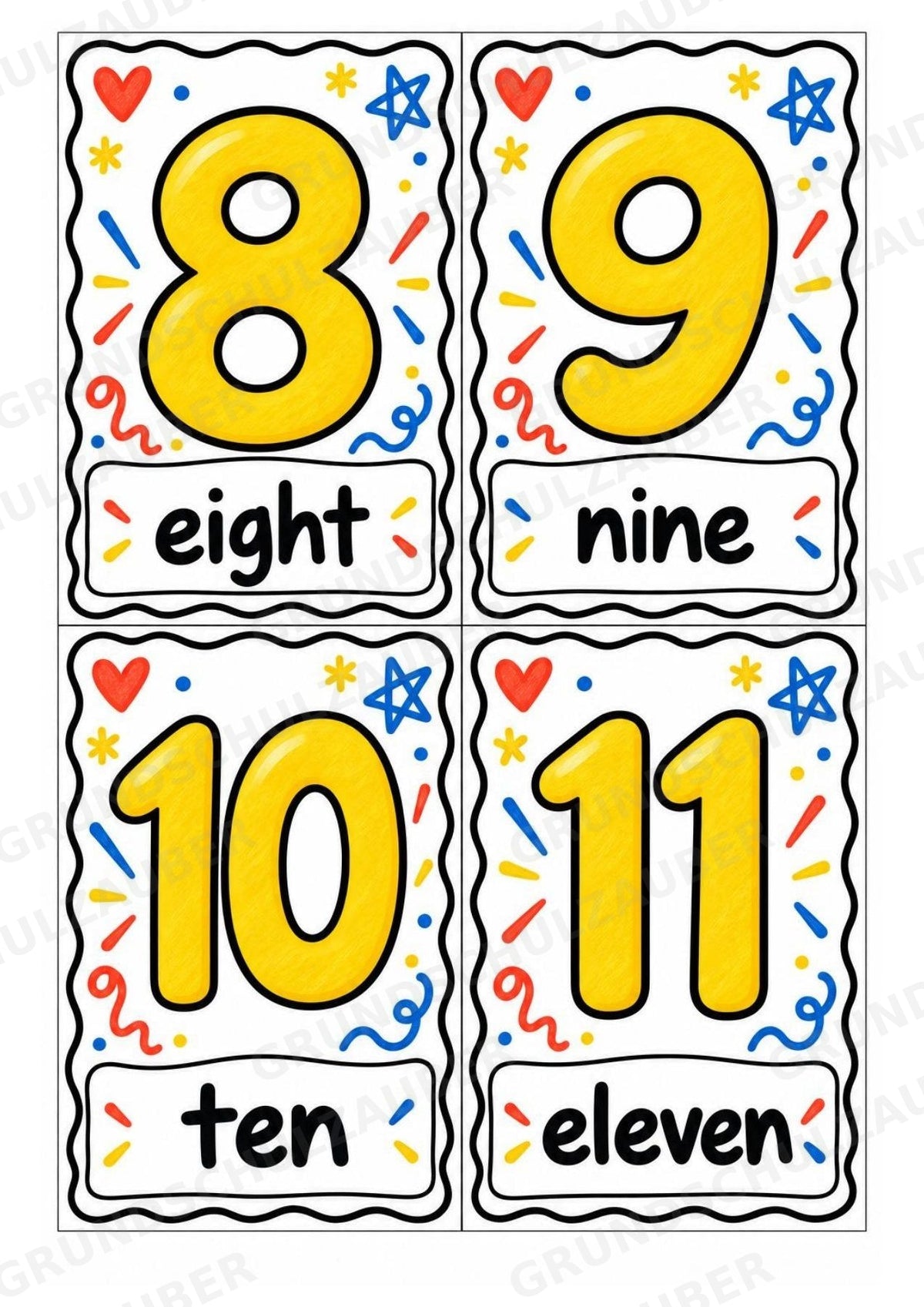 Zahlen auf Englisch – Numbers | 29 Zahlenkarten zu 0–20 und Zehnerschritten bis 100 – Bunte Kritzel – Materialseite 4