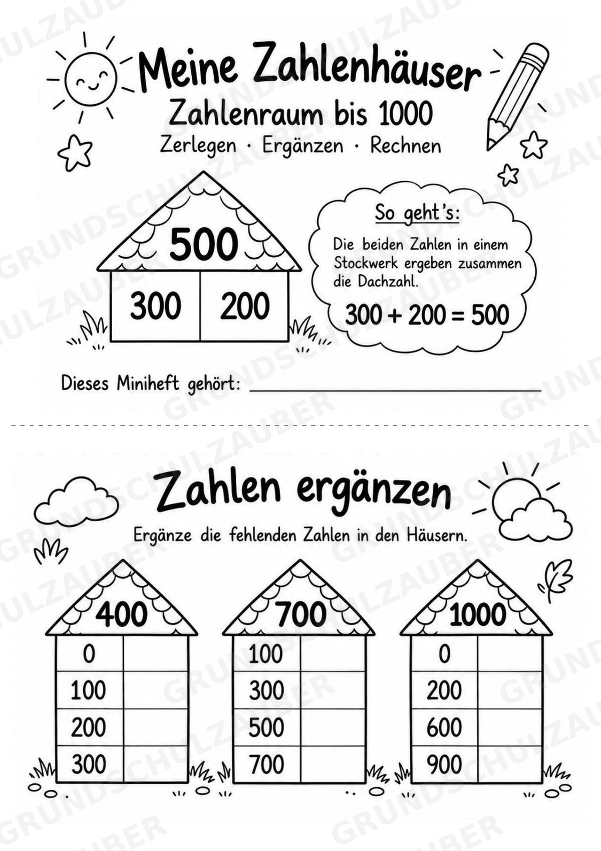 Zahlenhäuser bis 1000 – Miniheft zur Zahlzerlegung, Addition und Subtraktion | Mathe Klasse 3 – Materialseite 3