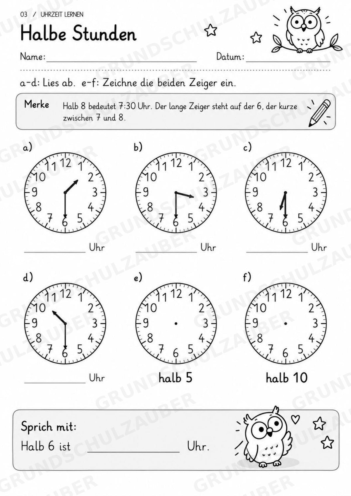 Uhrzeit ablesen & Uhr lernen – 10 Arbeitsblätter in Grundschrift mit Lösungen | Volle, halbe Stunden & Viertelstunden | Klasse 1–2 – Materialseite 5
