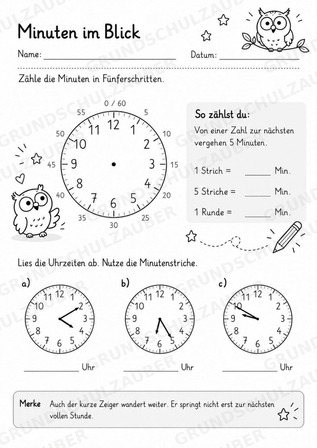 Uhrzeit ablesen & Uhr lernen – 10 Arbeitsblätter in Grundschrift mit Lösungen | Volle, halbe Stunden & Viertelstunden | Klasse 1–2 – Materialseite 7