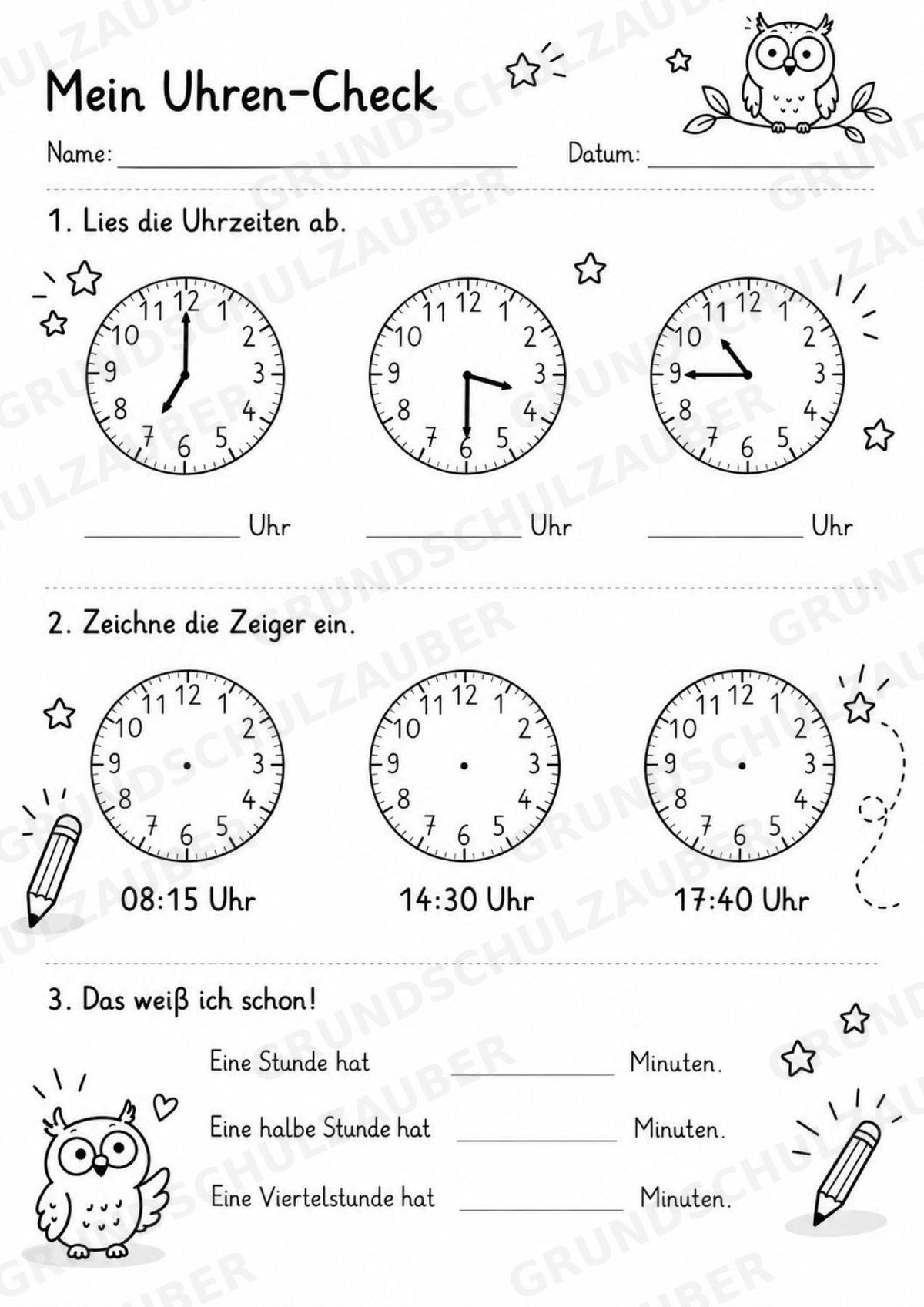 Uhrzeit ablesen & Uhr lernen – 10 Arbeitsblätter in Grundschrift mit Lösungen | Volle, halbe Stunden & Viertelstunden | Klasse 1–2 – Materialseite 12