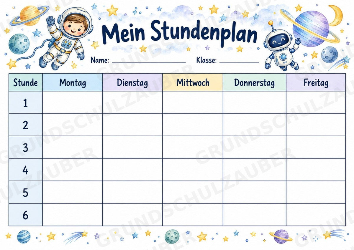 Stundenplan Weltraum zum Ausdrucken – 3 Vorlagen mit Astronauten und Raketen | Grundschule – Materialseite 2