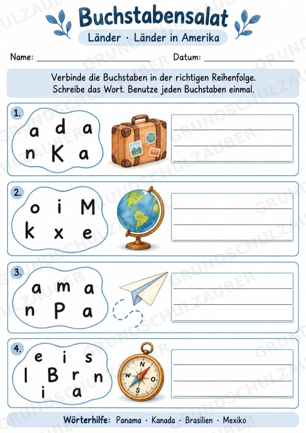 Buchstabensalat Länder | Ländernamen & Wortschatz üben | 5 Arbeitsblätter für Deutsch und Sachunterricht Grundschule – Materialseite 5