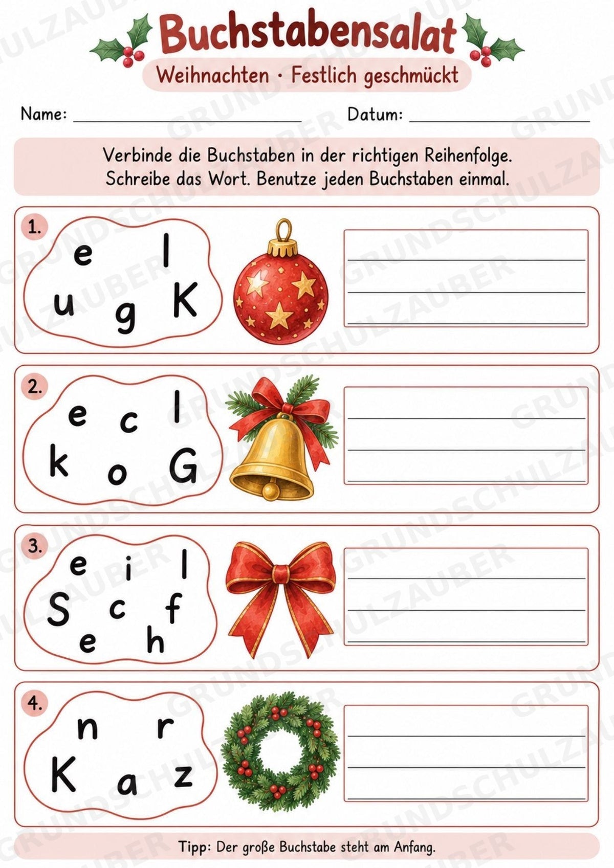 Buchstabensalat Weihnachten & Winter | Weihnachtswörter bilden | 5 Arbeitsblätter Deutsch Grundschule für den Advent – Materialseite 3